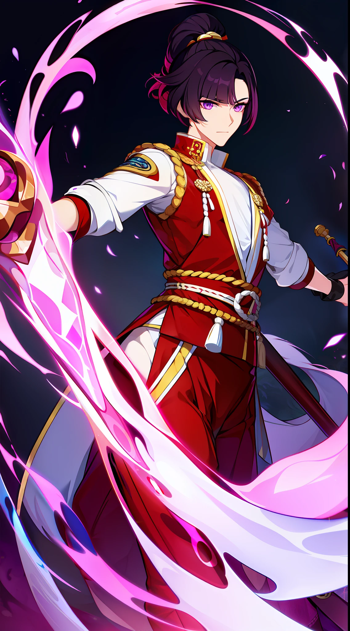 Tall guy, short purple hair, high ponytail, violet eyes, Chinese Martial Monk Uniform, The Monkey King, open torso, staff, combat stance, Masterpiece, hiquality