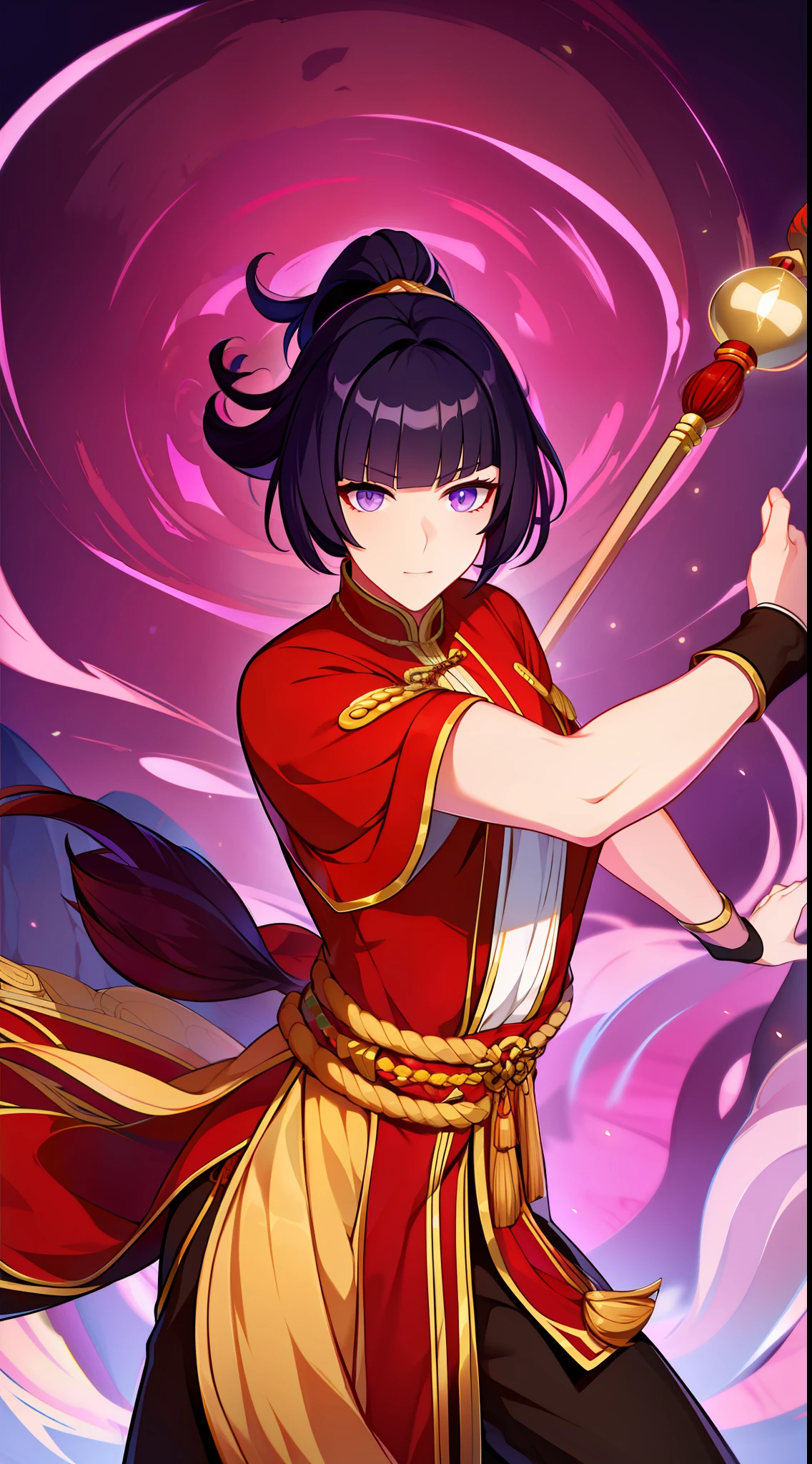 Tall guy, short purple hair, high ponytail, violet eyes, Chinese Martial Monk Uniform, The Monkey King, open torso, staff, combat stance, Masterpiece, hiquality