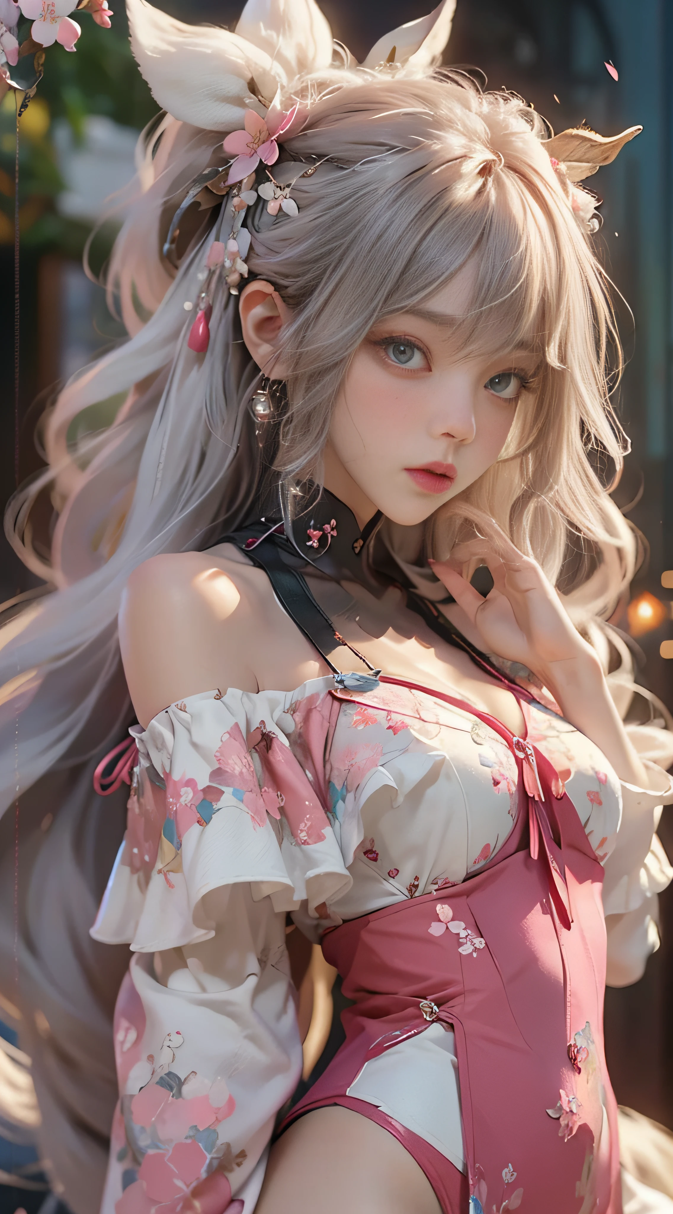 ((best qualtiy)), ((tmasterpiece)), (Detail:1.4), 3D, Beautiful cyberpunk female images,hdr(HighDynamicRange),Ray traching,NVIDIA RTX,Hyper-Resolution,illusory 5,sub surface scattering,PBR textures,post-proces,Anisotropy Filtering,depth of fields,maximum definition and sharpness,Many-Layer Textures,Albedo e mapas Speculares,Surface Coloring,Mitsu-Accurate simulation of material interactions,perfectly proportioned,rendering by octane,Two-colored light,largeaperture,Low ISO,White balance,Rule three points、8K raw data、beautiful bright pupils,off-the-shoulder clothes,Fine pupils,Delicate face and eyes,long eyelasher,Blushlush,Delicate and fluffy hair,pink lip,Pure,cute big breasts,Sweet girl,Artistic sense,Casual wear,Advancedsense,butterflys,Cherry blossom petal,Beautiful hair accessories,Long hair and waist,Hair fluttering in the wind