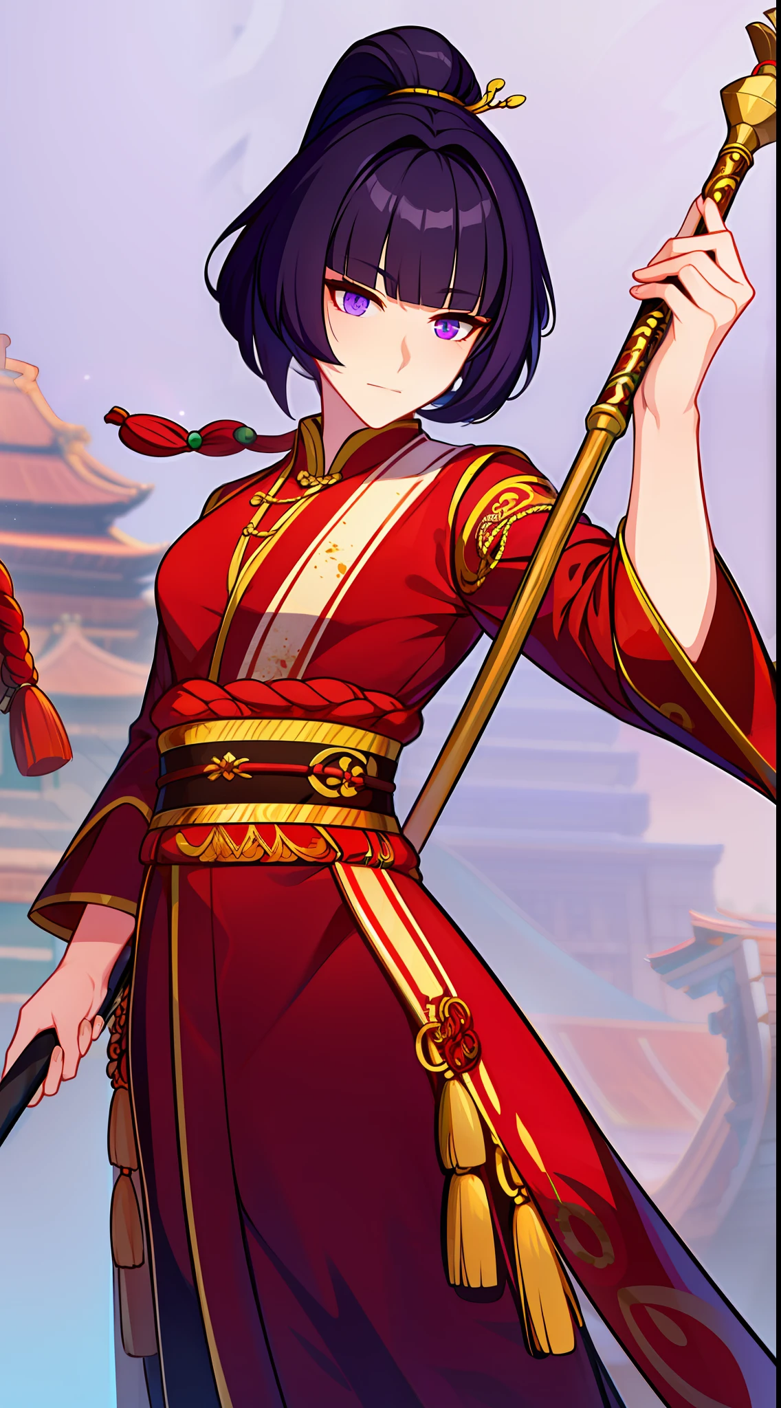 Tall guy, short purple hair, high ponytail, violet eyes, Chinese Martial Monk Uniform, The Monkey King, open torso, staff, combat stance, Masterpiece, hiquality