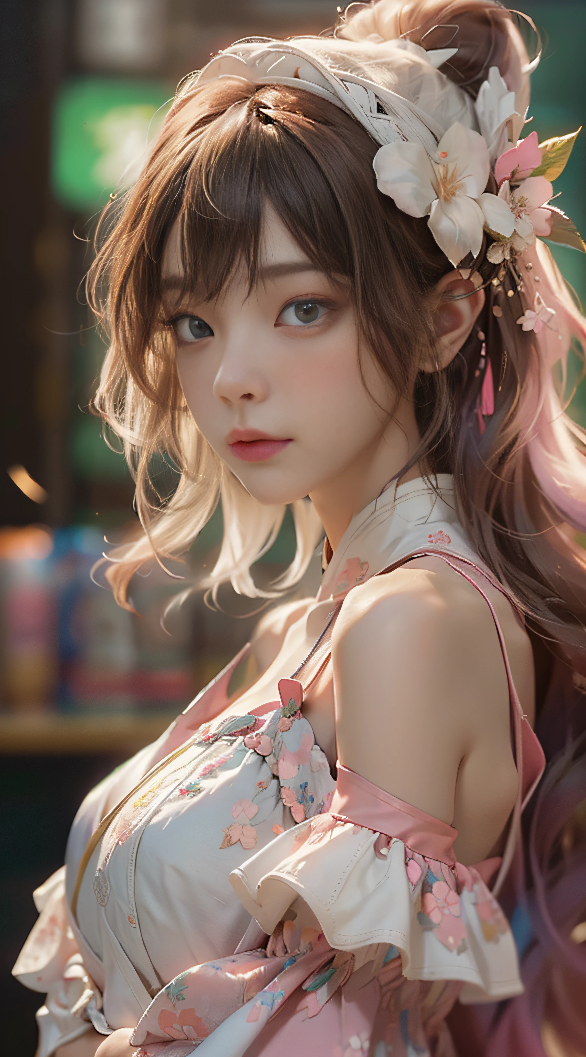 （（best qualtiy））， （（tmasterpiece））， （Detail：1.4）， 3D， Beautiful cyberpunk female images，hdr（HighDynamicRange），Ray traching，NVIDIA RTX，Hyper-Resolution，illusory 5，sub surface scattering，PBR textures，post-proces，Anisotropy Filtering，depth of fields，maximum definition and sharpness，Many-Layer Textures，Albedo e mapas Speculares，Surface Coloring，Mitsu-Accurate simulation of material interactions，perfectly proportioned，rendering by octane，Two-colored light，largeaperture，Low ISO，White balance，Rule three points、8K raw data、beautiful bright pupils，off-the-shoulder clothes，Fine pupils，Delicate face and eyes，long eyelasher，Blushlush，Delicate and fluffy hair，pink lip，Pure，cute big breasts，Sweet girl，Artistic sense，Casual wear，Advancedsense，butterflys，Cherry blossom petal，Beautiful hair accessories，Long hair and waist，Hair fluttering in the wind