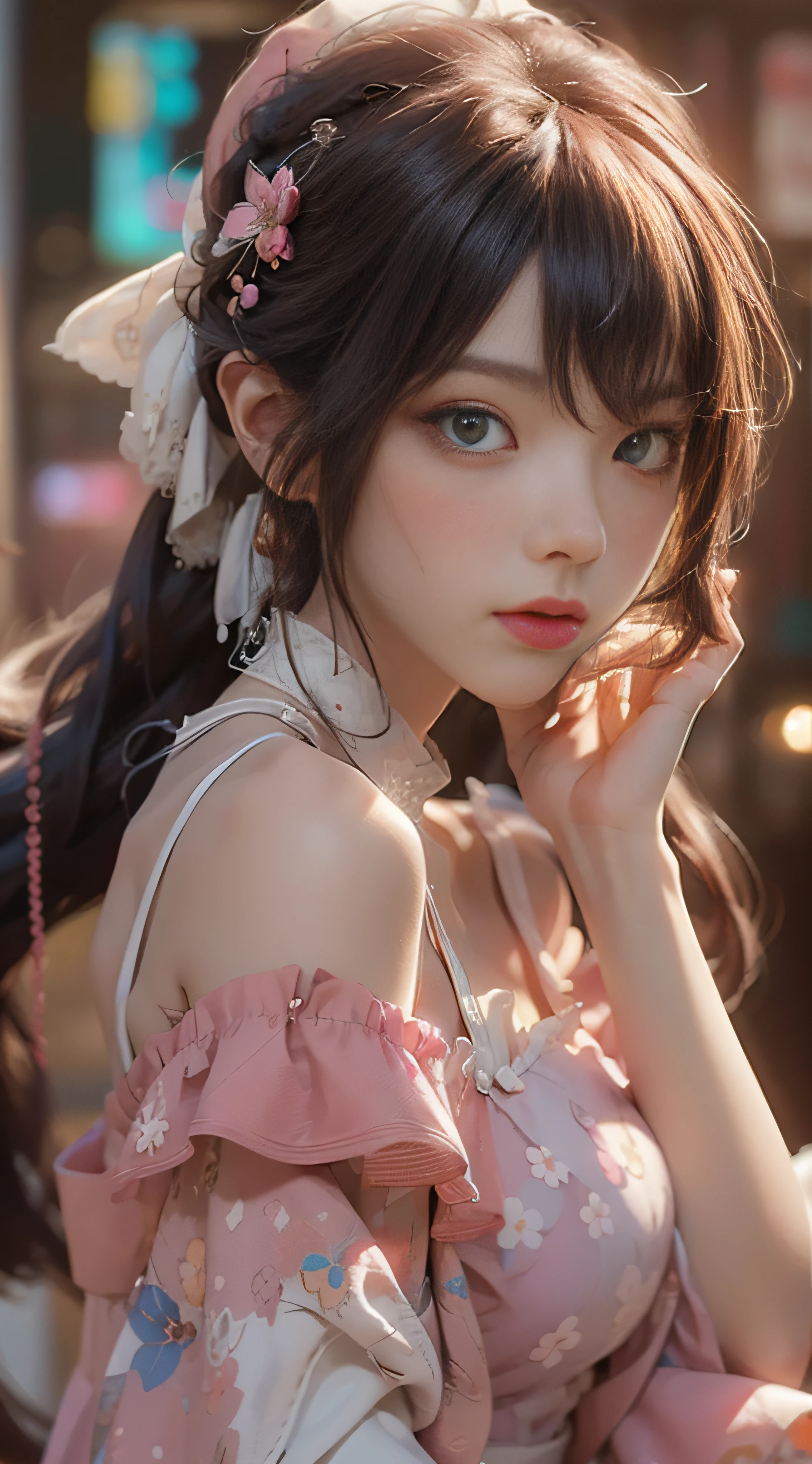 ((best qualtiy)), ((tmasterpiece)), (Detail:1.4), 3D, Beautiful cyberpunk female images,hdr(HighDynamicRange),Ray traching,NVIDIA RTX,Hyper-Resolution,illusory 5,sub surface scattering,PBR textures,post-proces,Anisotropy Filtering,depth of fields,maximum definition and sharpness,Many-Layer Textures,Albedo e mapas Speculares,Surface Coloring,Mitsu-Accurate simulation of material interactions,perfectly proportioned,rendering by octane,Two-colored light,largeaperture,Low ISO,White balance,Rule three points、8K raw data、beautiful bright pupils,off-the-shoulder clothes,Fine pupils,Delicate face and eyes,long eyelasher,Blushlush,Delicate and fluffy hair,pink lip,Pure,cute big breasts,Sweet girl,Artistic sense,Casual wear,Advancedsense,butterflys,Cherry blossom petal,Beautiful hair accessories,Long hair and waist,Hair fluttering in the wind