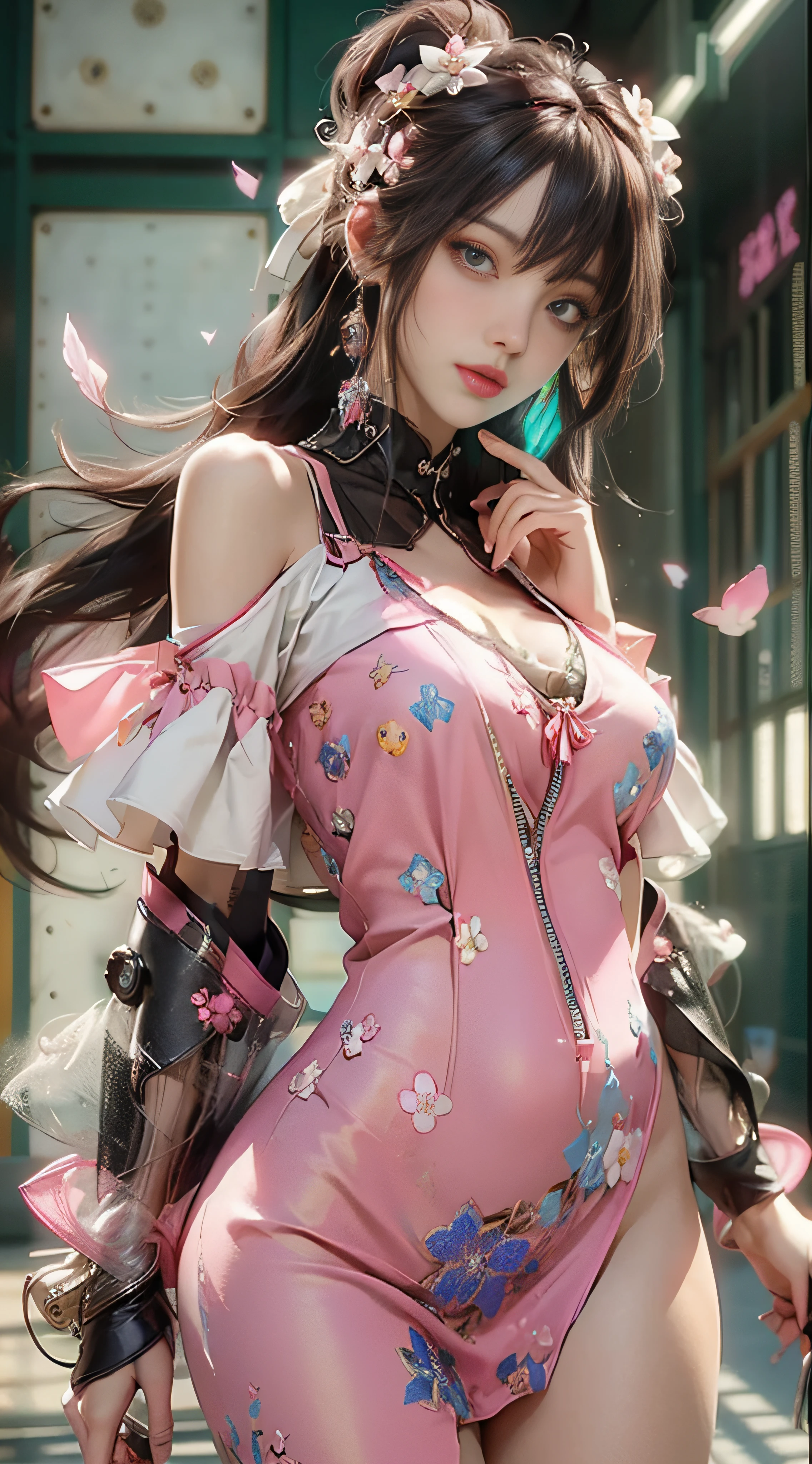 ((best qualtiy)), ((tmasterpiece)), (Detail:1.4), 3D, Beautiful cyberpunk female images,hdr(HighDynamicRange),Ray traching,NVIDIA RTX,Hyper-Resolution,illusory 5,sub surface scattering,PBR textures,post-proces,Anisotropy Filtering,depth of fields,maximum definition and sharpness,Many-Layer Textures,Albedo e mapas Speculares,Surface Coloring,Mitsu-Accurate simulation of material interactions,perfectly proportioned,rendering by octane,Two-colored light,largeaperture,Low ISO,White balance,Rule three points、8K raw data、beautiful bright pupils,off-the-shoulder clothes,Fine pupils,Delicate face and eyes,long eyelasher,Blushlush,Delicate and fluffy hair,pink lip,Pure,cute big breasts,Sweet girl,Artistic sense,Casual wear,Advancedsense,butterflys,Cherry blossom petal,Beautiful hair accessories,Long hair and waist,Hair fluttering in the wind