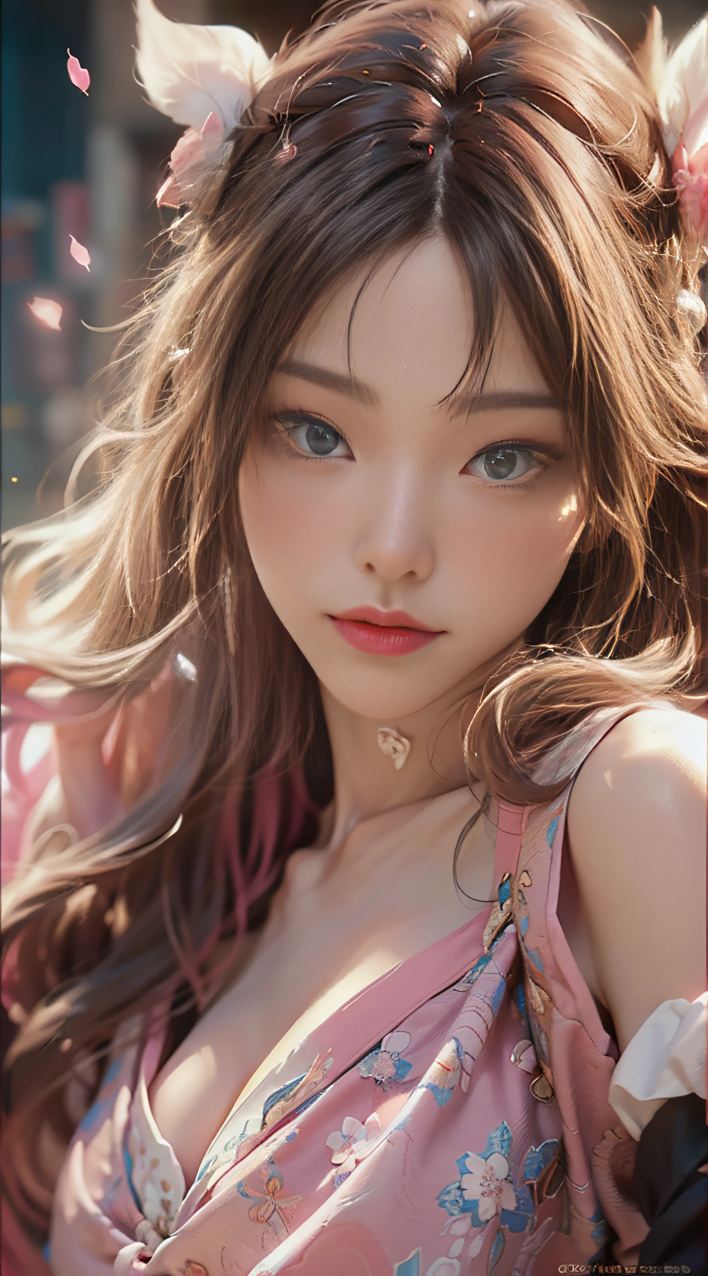 （（best qualtiy））， （（tmasterpiece））， （Detail：1.4）， 3D， Beautiful cyberpunk female images，hdr（HighDynamicRange），Ray traching，NVIDIA RTX，Hyper-Resolution，illusory 5，sub surface scattering，PBR textures，post-proces，Anisotropy Filtering，depth of fields，maximum definition and sharpness，Many-Layer Textures，Albedo e mapas Speculares，Surface Coloring，Mitsu-Accurate simulation of material interactions，perfectly proportioned，rendering by octane，Two-colored light，largeaperture，Low ISO，White balance，Rule three points、8K raw data、beautiful bright pupils，off-the-shoulder clothes，Fine pupils，Delicate face and eyes，long eyelasher，Blushlush，Delicate and fluffy hair，pink lip，Pure，cute big breasts，Sweet girl，Artistic sense，Casual wear，Advancedsense，butterflys，Cherry blossom petal，Beautiful hair accessories，Long hair and waist，Hair fluttering in the wind