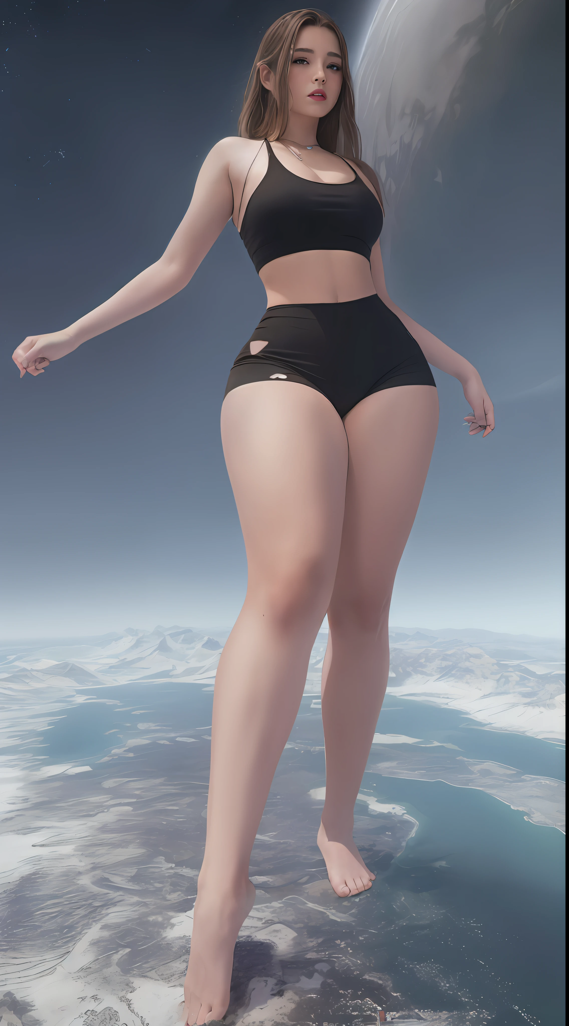 (((Towering over you))), giant brooke monk in provocative crop top, brown hair, smirking, standing on a planet in space with her full body in view, furrowed brow, barefoot