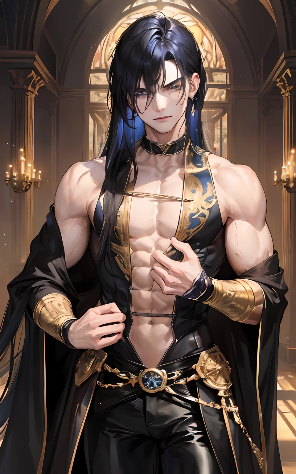 man, masculine, masculine face, attractive, muscular, ((1man)), masterpiece, absurdres, best quality ,intricate details , (shiny skin, shiny body, shiny oily luster skin, shiny hair, pale skintone), Sundown, attractive, ((muscular)), adult, one,medieval clothes, earrings, black pants, Don't look at the view , Not looking at the view, black and blue long hair, perfect detailed face, perfect detailed hands, horns,demon, blue eyes, ((MLS)), smirk, medium large shoot