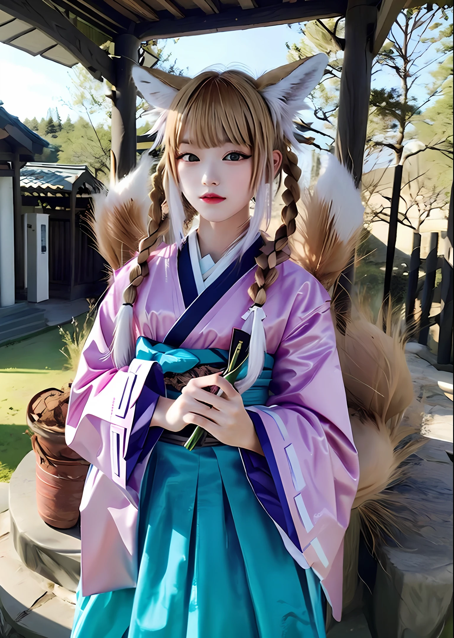 whaite hair,beast ear,s girl,fox tails,shrine maiden