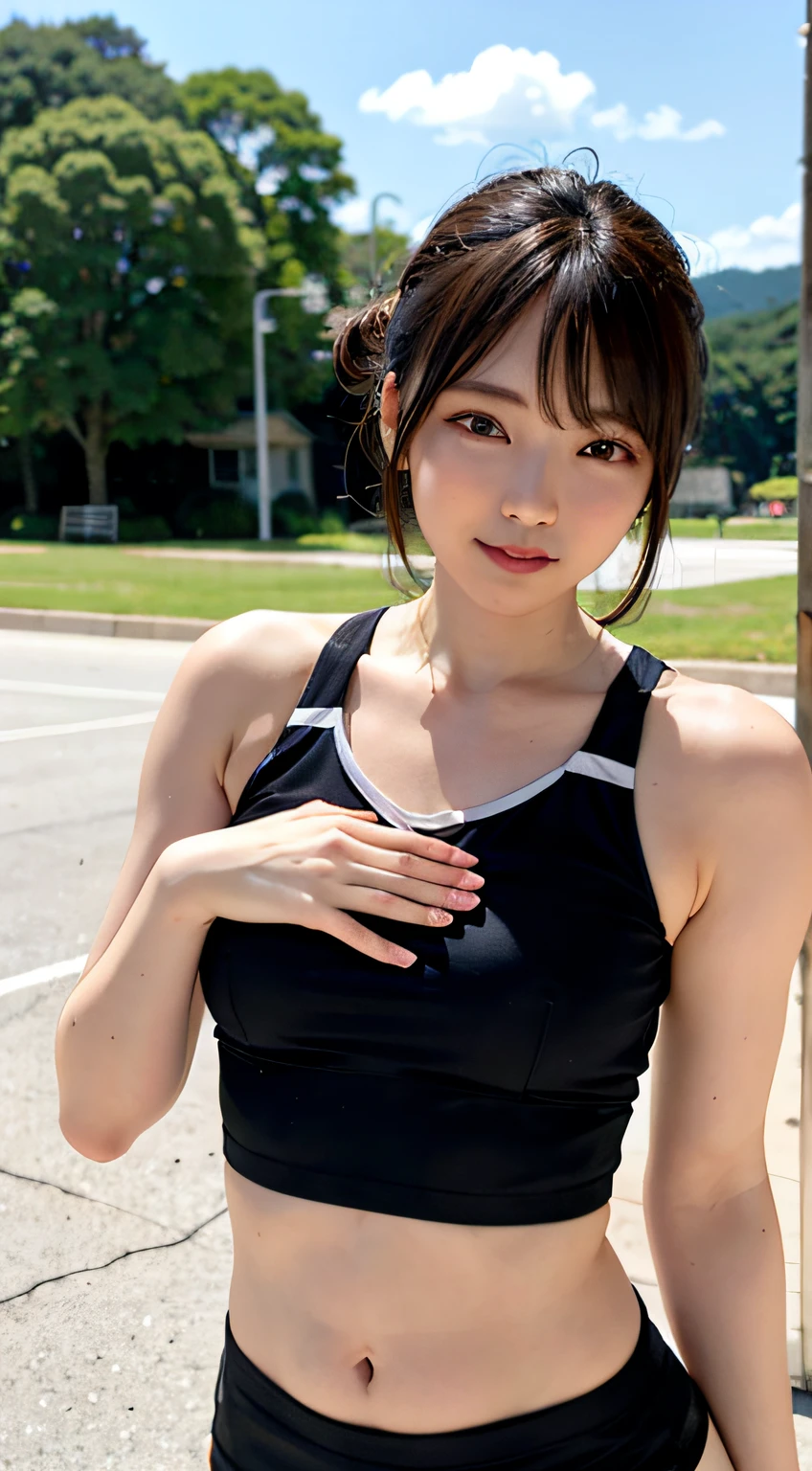 top-quality、女の子 1 a person、large full breasts、tag、with light glowing、blur backgroun、bokeh dof、outside of house、Volleyball Court)、(a person々、Large crowds:1)、Sweatbody running playing tight sticky crop top and shorts、a gorgeous(short-hair、Forehead:1.2)、Sareme、Beautiful sky with details、耳Nipple Ring、 (The upper part of the body:0.8)、Soft lighting、the wind、glowy skin、