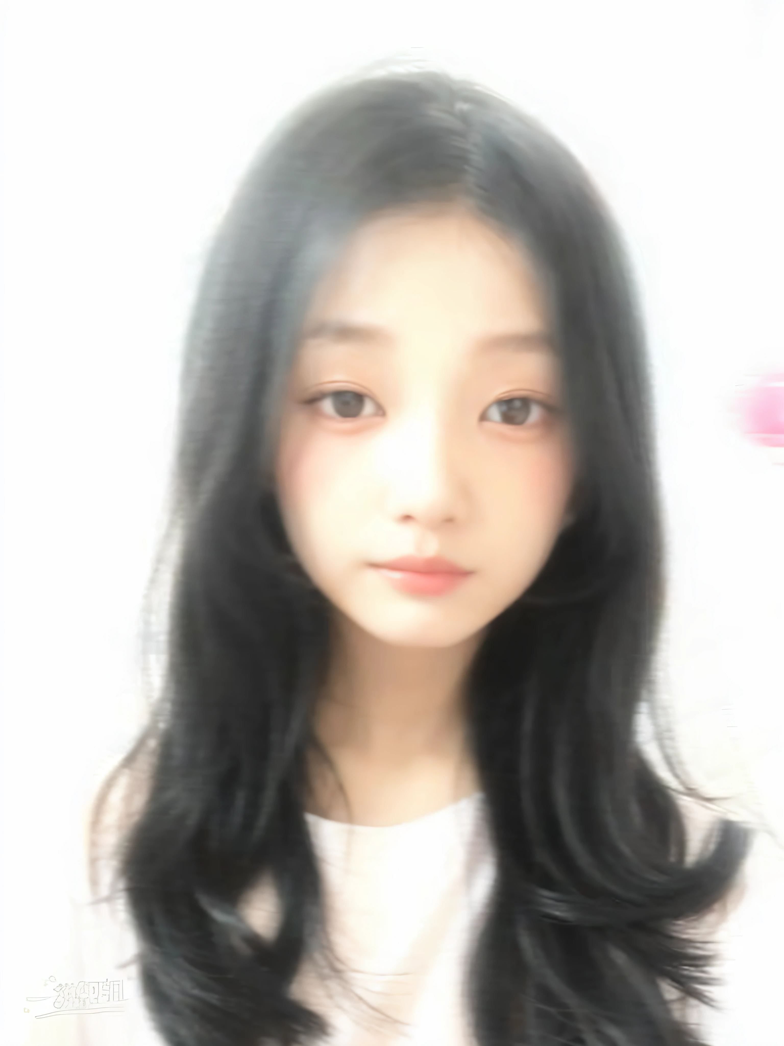 There is a young girl with long black hair and a white shirt, ulzzangs, symmetriced face, Young and lovely face,High-gloss round face, with cute - fine - face, 8k selfie photograph, jaeyeon nam, she is about 1 , 19-year-old girl, with round face, obscured face