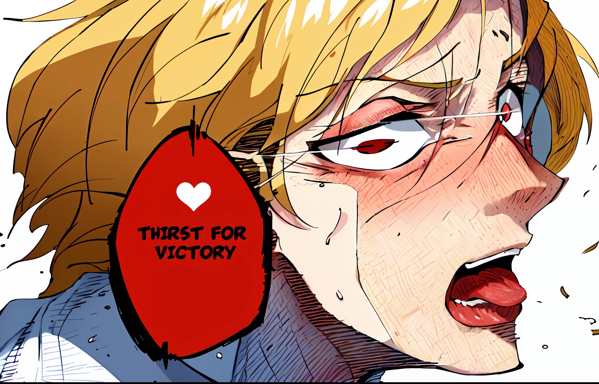 a anime of a man with blonde hair, sticking her tongue out, red eyes, white shirt, focus, running, thirst for victory, sweat, sweatdrop, !!, color manga, manga color, color manga, color manga panel, simple background, a white background