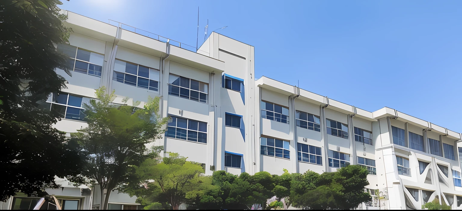 There is a large white building with blue windows and clocks in front, japanese high school, full building, kyoto animation studio, image in center, modern technology building, Seifuku, building facing, mid-view, arasaka, iwakura lain, shinkai, photo taken from the ground, yoshikata amano, 1 3 3 4 building