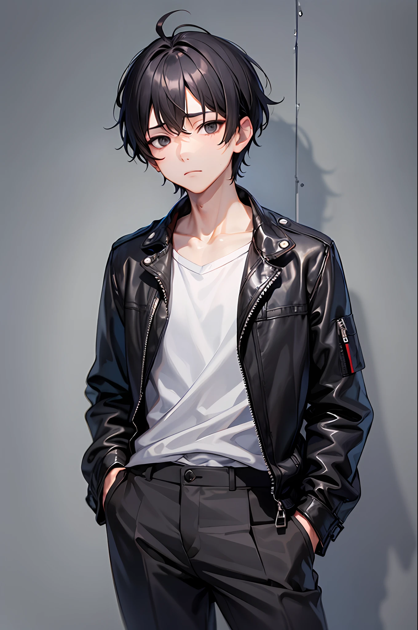 tmasterpiece, 1boy, black  hair, Short Hair Hair, kblack eyes, empty look, Lack of emotion, black jacket, gray shirt, stands, Simple background, pants, Sateen,