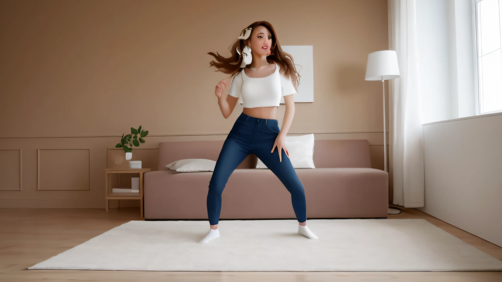 there is a woman that is standing on a rug in the room, she is dancing. realistic, she is dancing, pokimane, frantic dancing pose, dancing in the background, playful pose of a dancer, dynamic dancing pose, look like someone is dancing, as though she is dancing, sensual dancing, girl in white dress dancing, female dancer