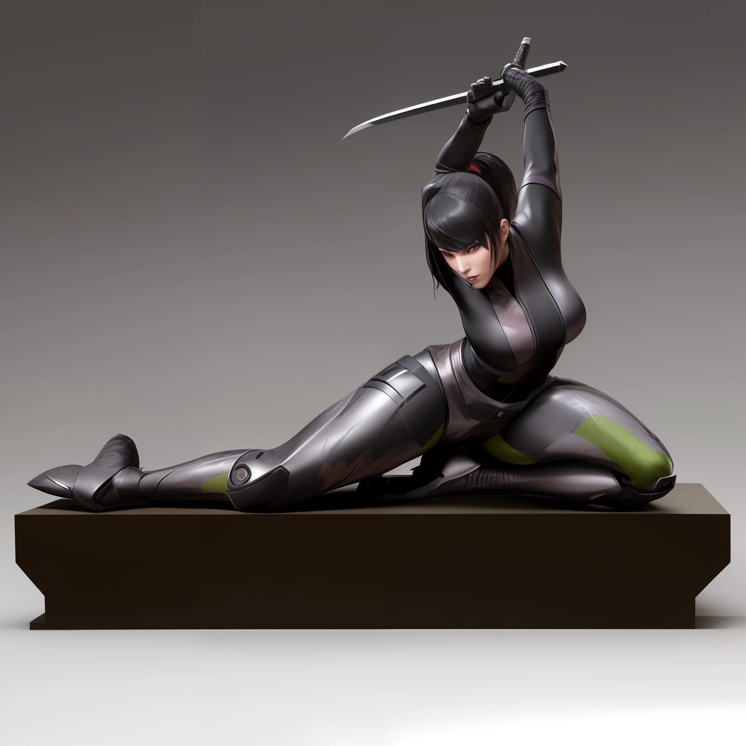 A female ninja with a katana on a round base, depicted as a 3 d render, modeled in poser, pinup pose, photoshoot poses, quiet from metal gear solid, 3 D realistic rendering,  3d statue!!!, quiet from metal gear solid v, ( highly detailed figure ), A seductive pose, Black high silk clothing, elaborate faces, Full of provocative expressions
