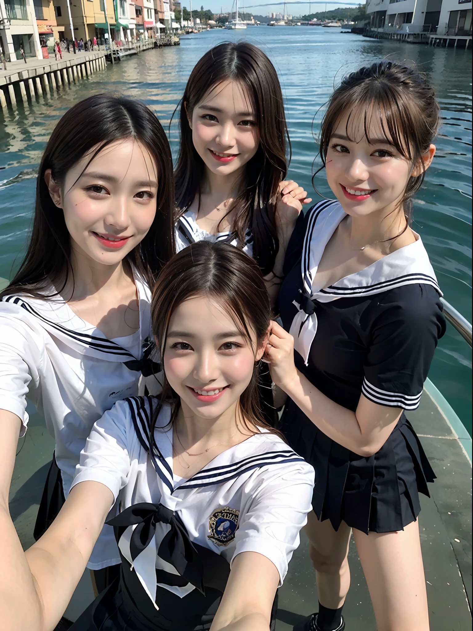 (8K、Raw photography、top-quality、​masterpiece:1.2)、ultra-detailliert、ultra res、(hyper realisitic:1.4)、（Using the kiss you throw as a camera）From  above、Camera from above、Camera angle from above、I'm looking at this with upward eyes、Arms outstretched、arms spread wide、High-quality images taken with a camera from above、Above the sea、、Offshore Girl（Fantastic lighting）head to waist、、de pele branca、Fair-skinned female proofreading、An ultra-high picture quality、、Beautiful female proofreading reflecting in light、amazing detailed、Beautiful girls in very detailed、Faces with different patterns、Different face patterns、Each hairstyle has its own characteristics、Farbe々Hairstyle、Farbe々Hair color shining with clean light、I enjoy fishing on a boat、Brown hair shining in the light、One has a ponytail、、Modern cute high school girl、very detailed faces very detailed eyes、Very realistic skin、 extremely detailed fingers, highly detailed nose, highly detail mouth, perfect anatomia, Highly detailed sailor suit、、The details of their hair and uniforms shine through、Burning teeth and smiling、Realistic body, de pele branca, glistning skin, Slim body,  Long straight hair, (Blunt bangs:1.2), , nixeu and sakimichan, TWICE, Seifuku, sakimichan, JK Uniform, wearing japanese school uniform, promo still, Larisa Manobal, Japan school uniform, japanese girl school uniform, alena aenami and lilia alvarado