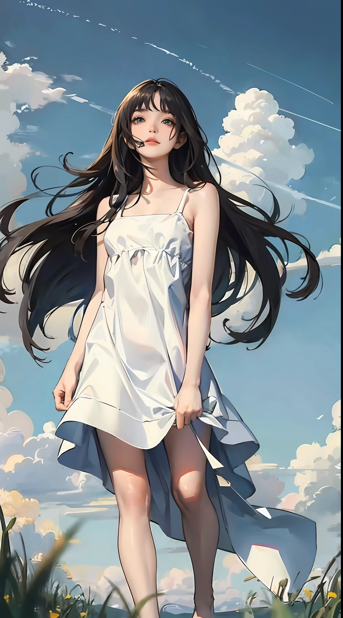 meadow, blue sky, white cumulonimbus, contrails, shining sun, meadow grass swaying in the wind, photo quality, live action, reality, transparency, realistic depiction, 8K quality, UHD, DSLR, high quality, film grain, fujifilm XT3, girl in white camisole dress, standing figure, barefoot, hair swaying in the wind, hair up to shoulders, big, big eyes,