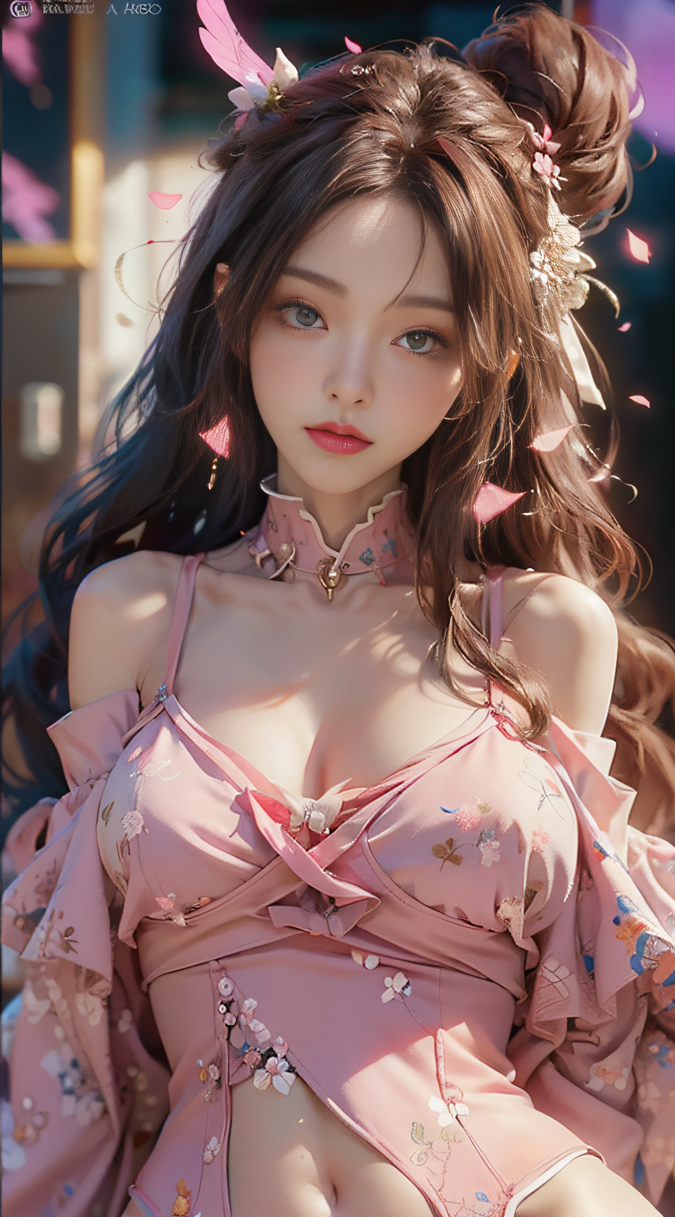 （（best qualtiy））， （（tmasterpiece））， （Detail：1.4）， 3D， Beautiful cyberpunk female images，hdr（HighDynamicRange），Ray traching，NVIDIA RTX，Hyper-Resolution，illusory 5，sub surface scattering，PBR textures，post-proces，Anisotropy Filtering，depth of fields，maximum definition and sharpness，Many-Layer Textures，Albedo e mapas Speculares，Surface Coloring，Mitsu-Accurate simulation of material interactions，perfectly proportioned，rendering by octane，Two-colored light，largeaperture，Low ISO，White balance，Rule three points、8K raw data、beautiful bright pupils，off-the-shoulder clothes，Fine pupils，Delicate face and eyes，long eyelasher，Blushlush，Delicate and fluffy hair，pink lip，Pure，cute big breasts，Sweet girl，Artistic sense，Casual wear，Advancedsense，butterflys，Cherry blossom petal，Beautiful hair accessories，Long hair and waist，Hair fluttering in the wind
