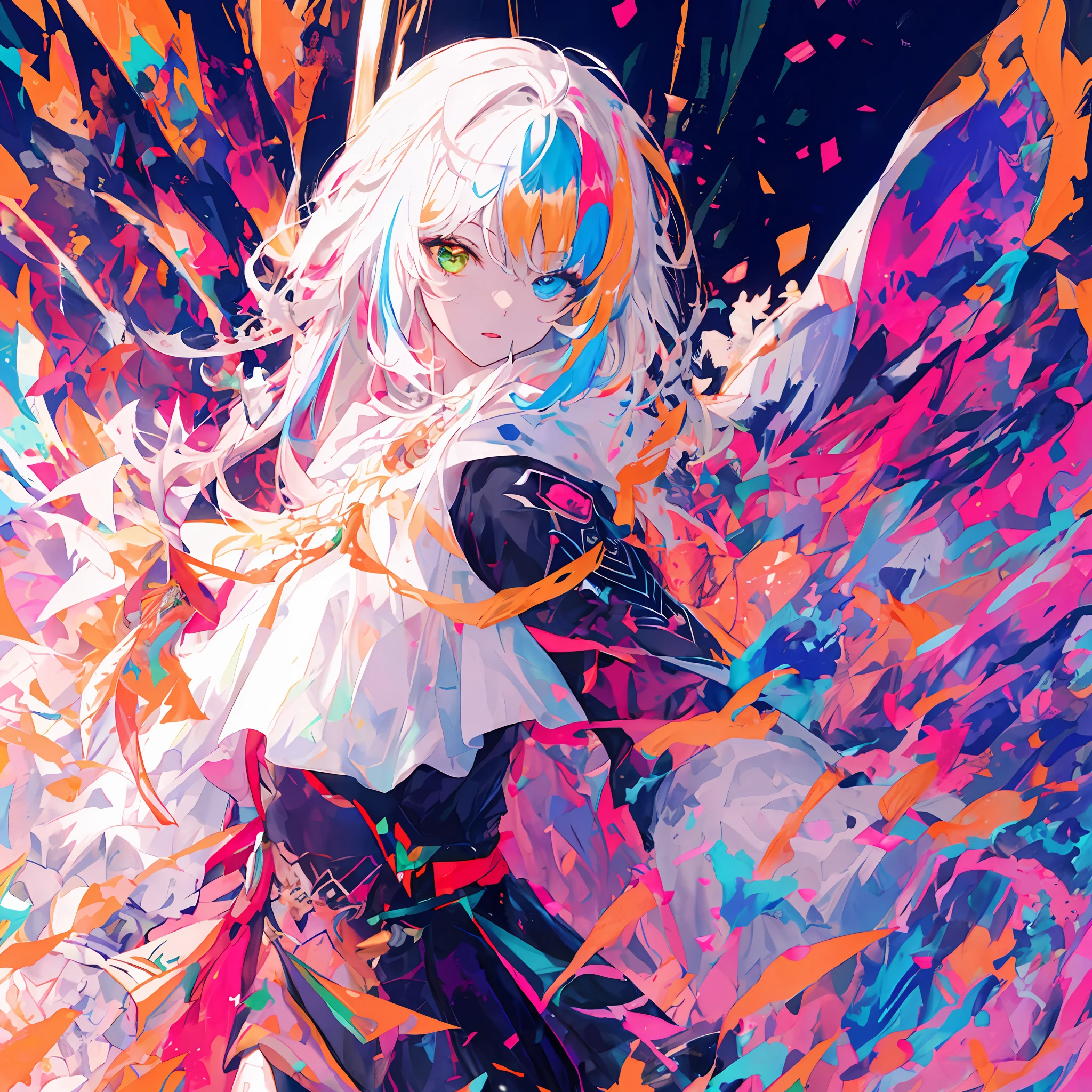 {A girl in white armor fights in a white cape}}，{{Masterpiece}}，best qualtiy，Extremely detailed Cg Unity 8K wallpaper，电影灯光，lens flare glow，beatiful detailed eyes，full bodyesbian，black in color，multicolour hair，Colored light particles, Heterochromia, (Colorful:1.5), (Colorful hair:1.5),