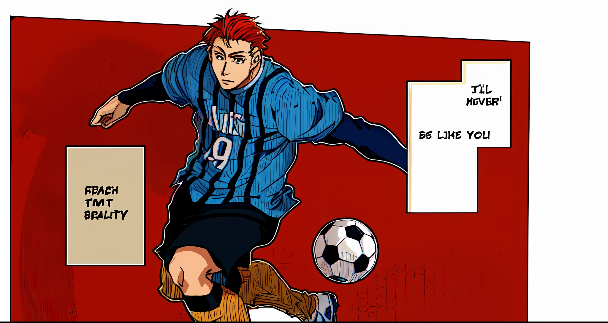 a anime of a man with firebrick hair color, short khaki eyes color, blue strip shirt uniform soccer, juggling bola, freestyle, skill, text bubble speech, color manga, manga color, color manga, color manga panel, simple background, a white background