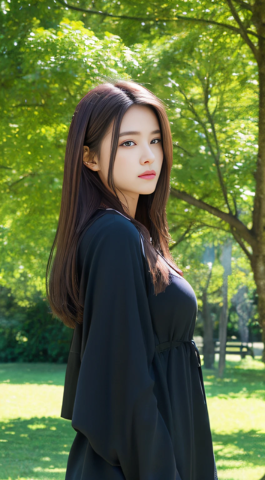 (natta, Need, 8K, tmasterpiece:1.3)), full bodyesbian, Long legs, Focalors:1.2, perfect figure beautiful woman:1.4, Slim abs:1.1, ((Dark brown hair, large tities:1.2 )), (Harnes,The shirt,Manteau,Side head:1.2,), ((zona rural, :1.3)), Highly detailed facial and skin texture, A detailed eye, 二重まぶた,Flying long hair,Panoramas,Under the trees,scenecy