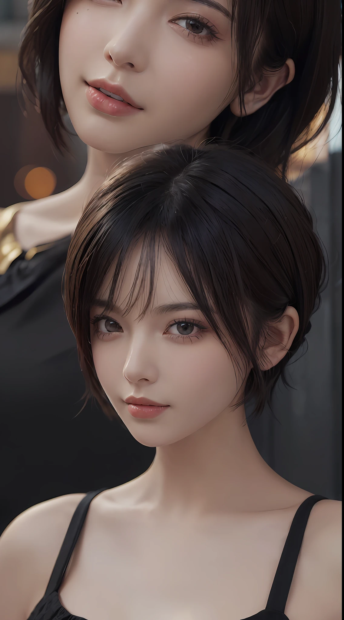 (masterpiece:1.3), (8k, photorealistic, RAW photo, best quality: 1.4), (1 girl), pretty face, (realistic face), (black hair, short hair:1.3), beautiful hairstyle, realistic eyes, detailed fine eyes, (realistic skin), beautiful skin, (breasted top), absurd, attractive, super detailed resolution, surreal golden ratio, very detailed