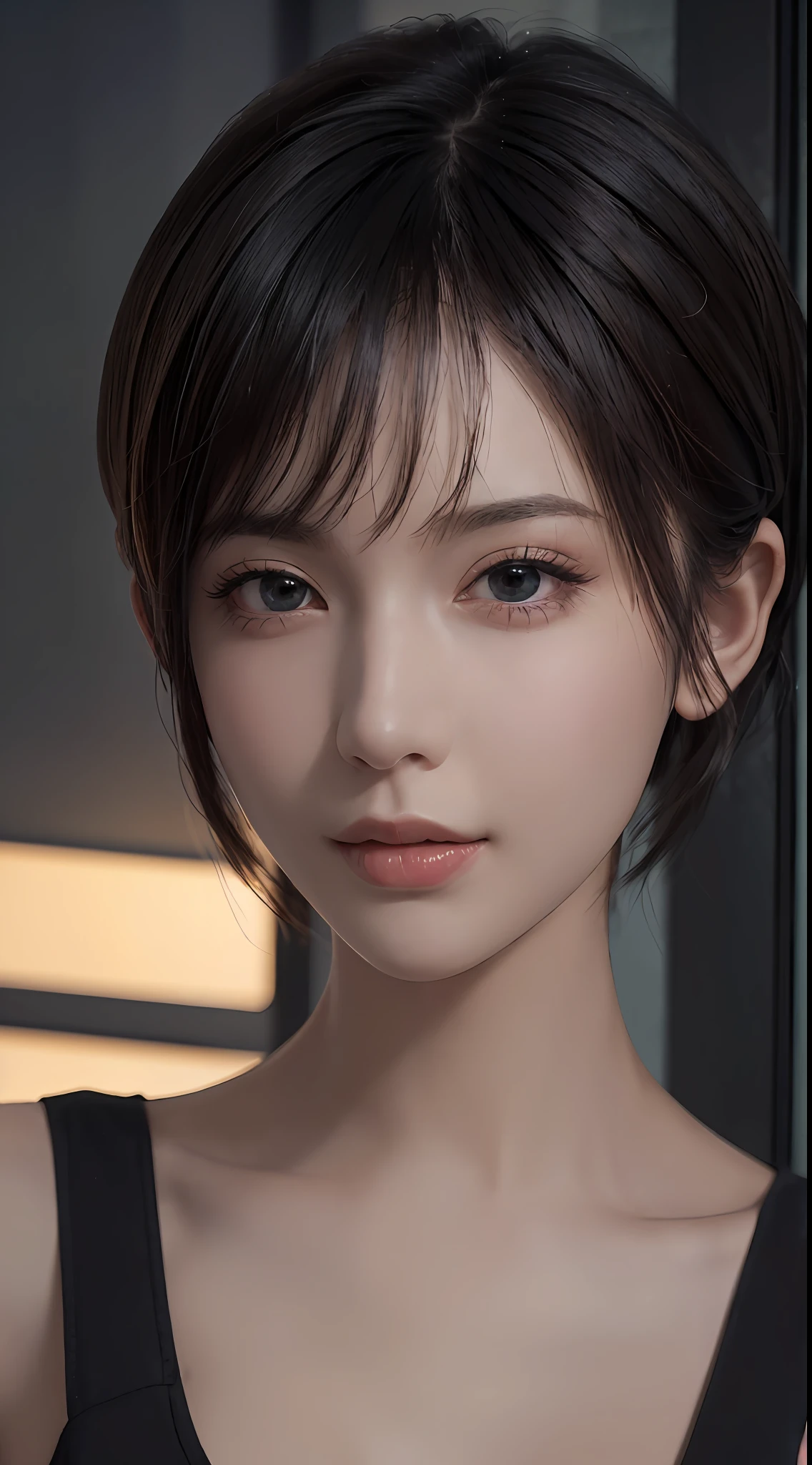 (masterpiece:1.3), (8k, photorealistic, RAW photo, best quality: 1.4), (1 girl), pretty face, (realistic face), (black hair, short hair:1.3), beautiful hairstyle, realistic eyes, detailed fine eyes, (realistic skin), beautiful skin, (breasted top), absurd, attractive, super detailed resolution, surreal golden ratio, very detailed
