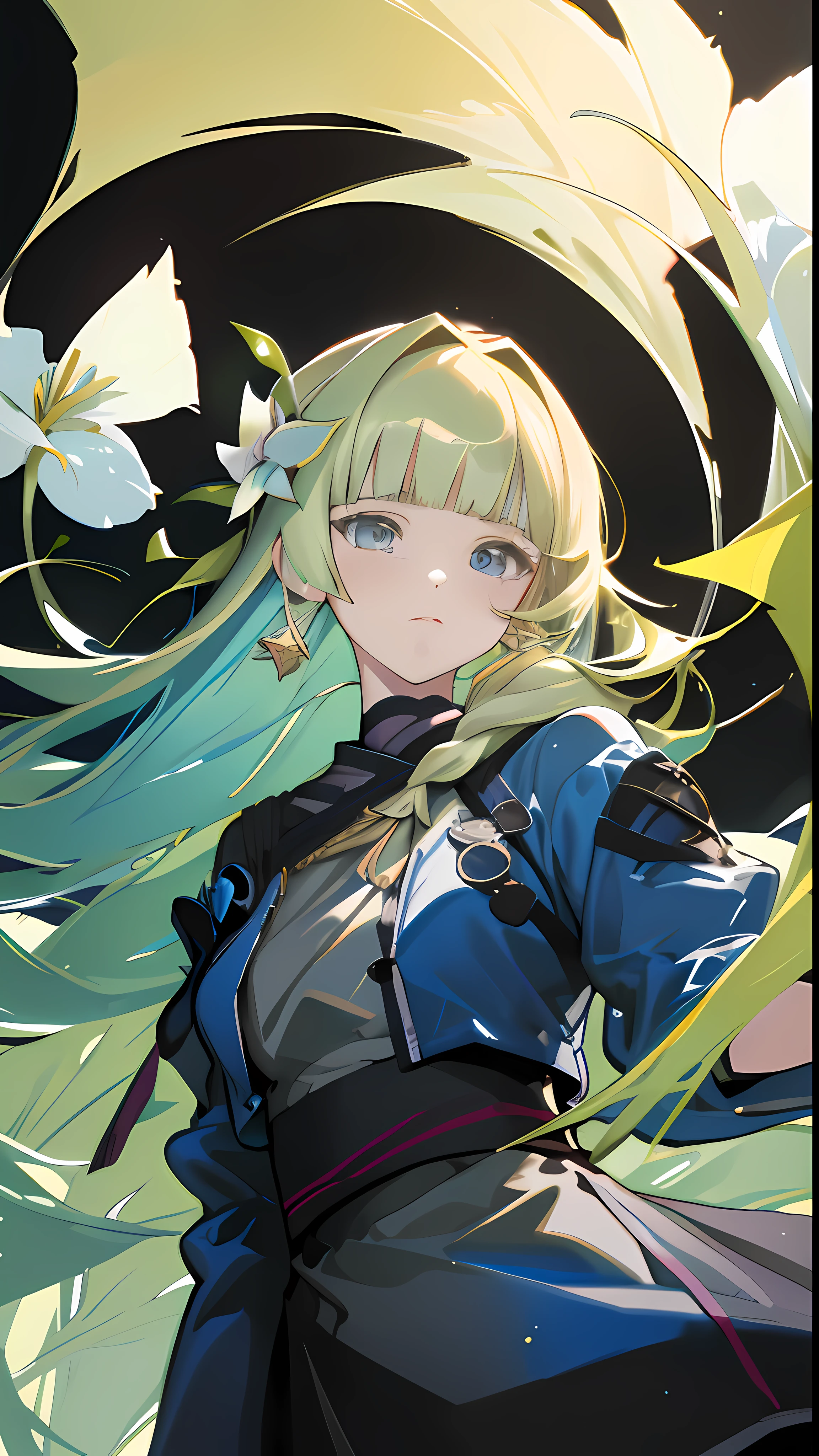 (masterpiece), (best quality), (ultra detailed),(disheveled hair),(illustration), (1girl), (Fashionable clothing), standing, Fashion model, looking at viewer, (interview), (simple background),beautiful detailed eyes, delicate beautiful face, Floating,(high saturation),(colorful splashes),colorful bubble,(shining), focus on face, kamisato ayaka, light blue hair, bangs, hair ring, floating flowers, floating hairs.Girl, anime waifu, looking at viewer, highlydetailed, reflections transparent iridescent colors, long transparent iridescent RGB hair, artby Serafleur from artstation, thick acrylic,illustration on pixiv, waist up portrait, gorgeoussacred girl, best quality, ultra detailed,sad,clever,beautiful face , beautiful lighton black background, Character stvle renderedby Octane,