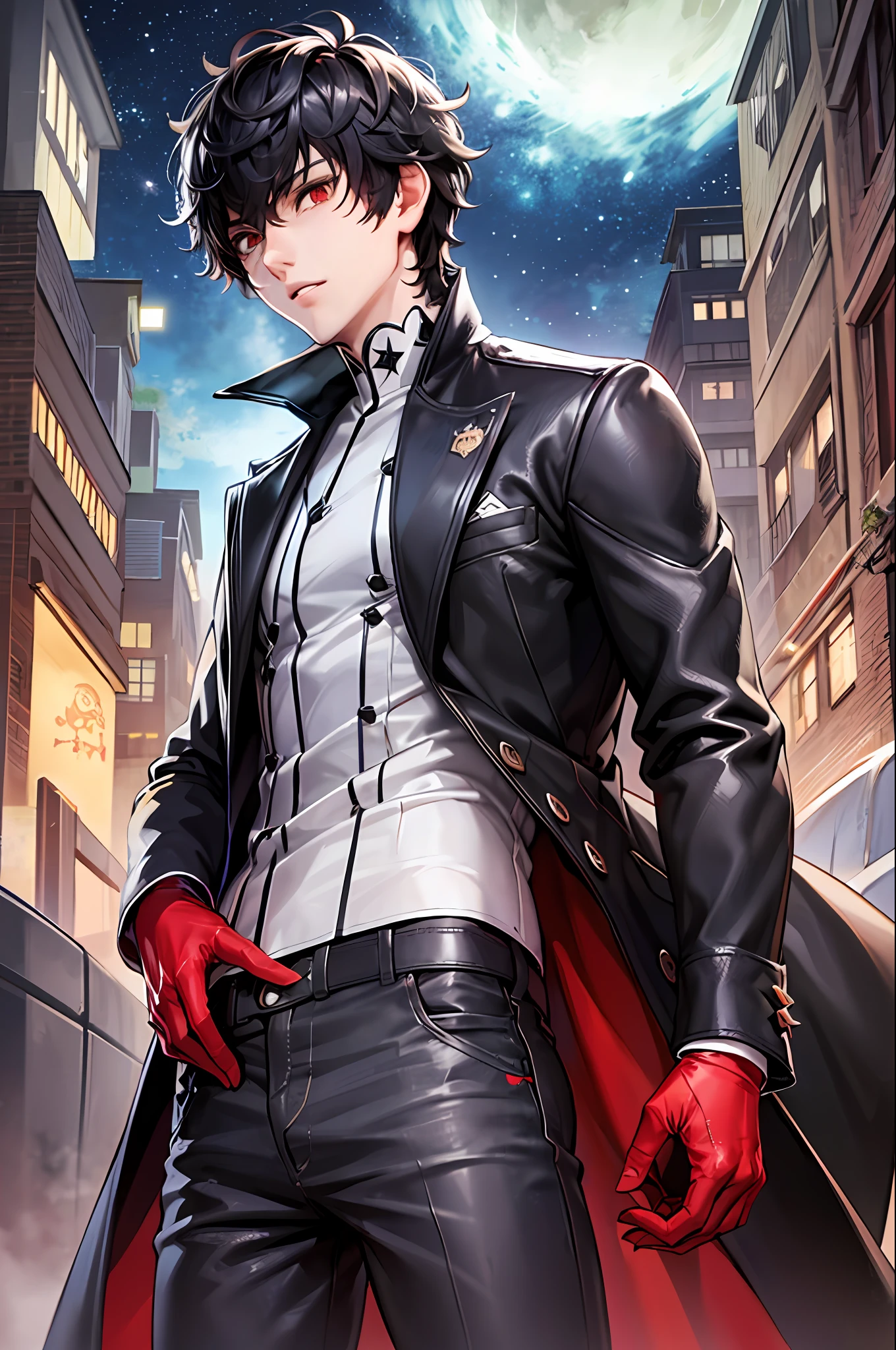 Masterpiece, Best Quality, 1boy, 独奏, male focus, Dshocker, black hair, Short hair, red-eyes, high collar, black coat, gray shirt, long sleeves, pants, red gloves, Ancient ruins, night time, Detailed background