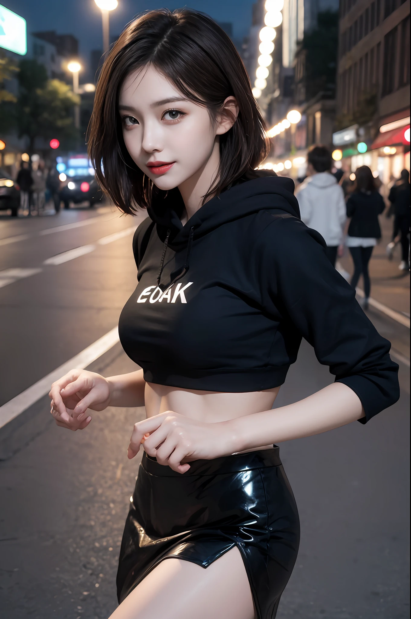 8K raw photos、hight resolution、19 year old cool Korean、big round chest、Supercropped hoodie with open front、Cropped length tops、skirt by the、Thigh opening、Beautiful eyes that are particular about details、long eyeslashes、Beautiful double eyelids、eyeshadows、Slender eyes、Sanpaku eyes、Dark Eye Makeup、evil smile、Beautiful and thin legs、disheveled shorthair、light brown hair、耳环、Downtown at night、Park at night