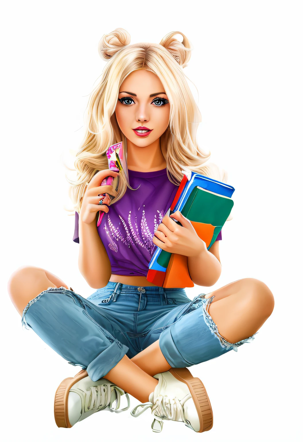 Blonde woman with a book and scissors sitting on the floor, realistic schoolgirl, in style of digital illustration, realistic digital illustration, realistic cute girl painting, cartoon digital art, hyperrealistic schoolgirl, digital illustration art, cartoon art style, realistic art style, cartoon style illustration, cartoon digital painting, stunning digital illustration, Digital Artistic Illustration
