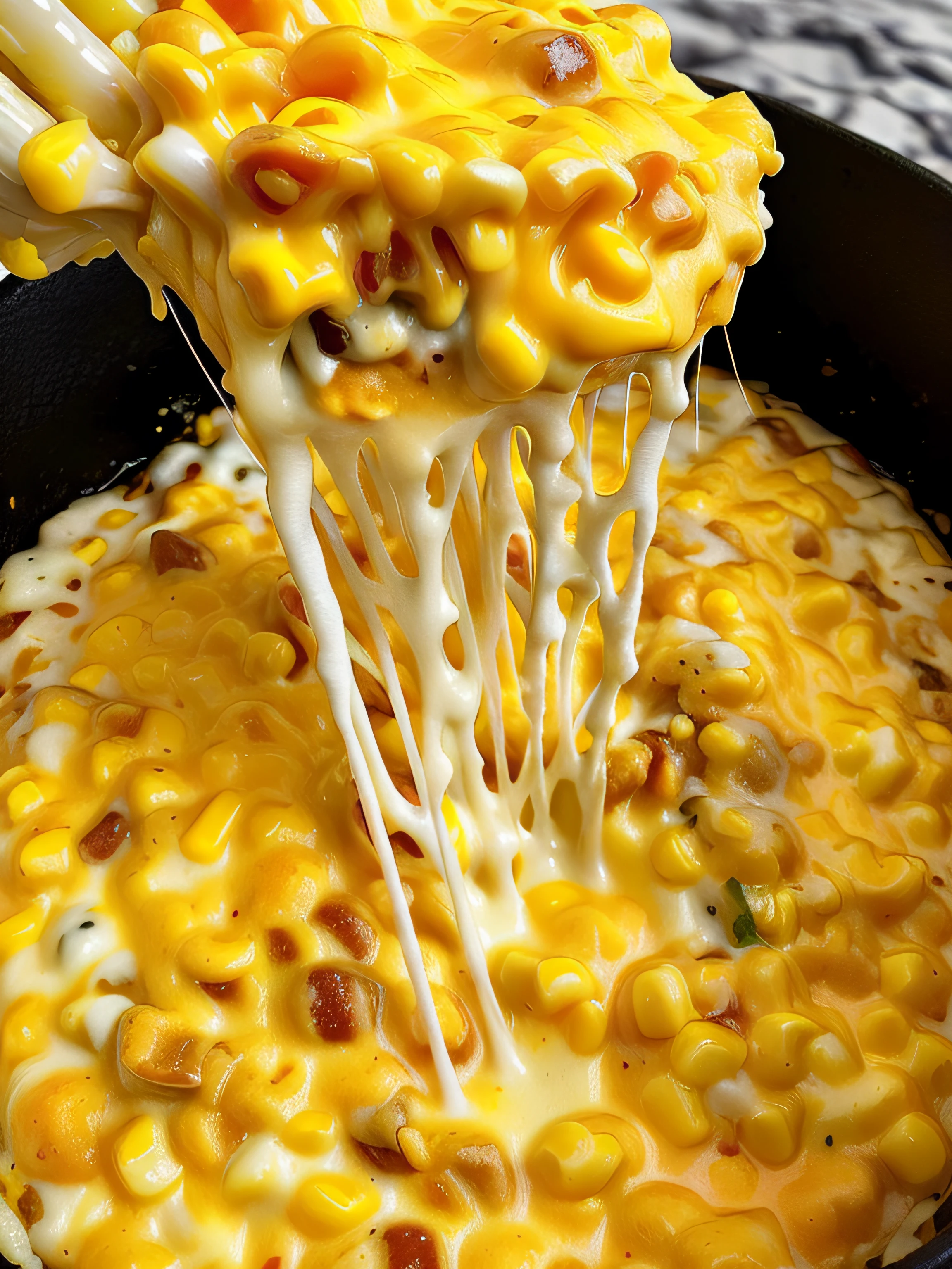 There is a fork to remove a piece of cheese from a pot of corn, ❤🔥🍄🌪, cheeses, cheesy, melted cheese, melted cheddar, melted cheese, nachos, Corn floating in the ocean, easy, (Cheese), corn on a cob everywhere, close - up view, Close-up view, unknown artist, Masterpiece!!