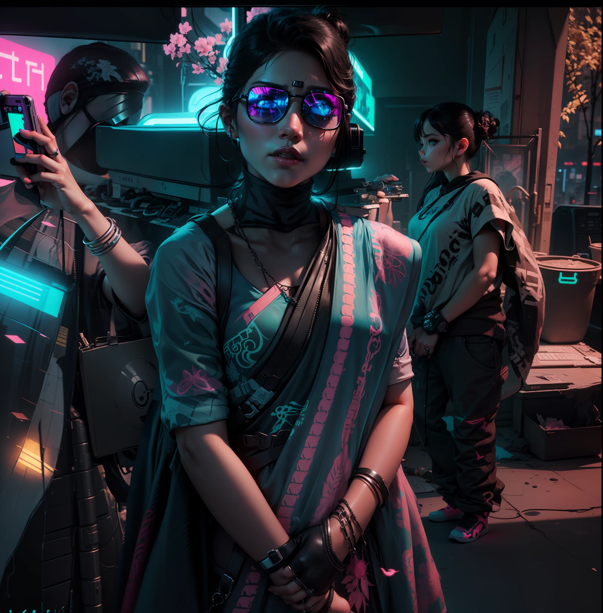 Cyberpunk qute girl toddler neon nature.