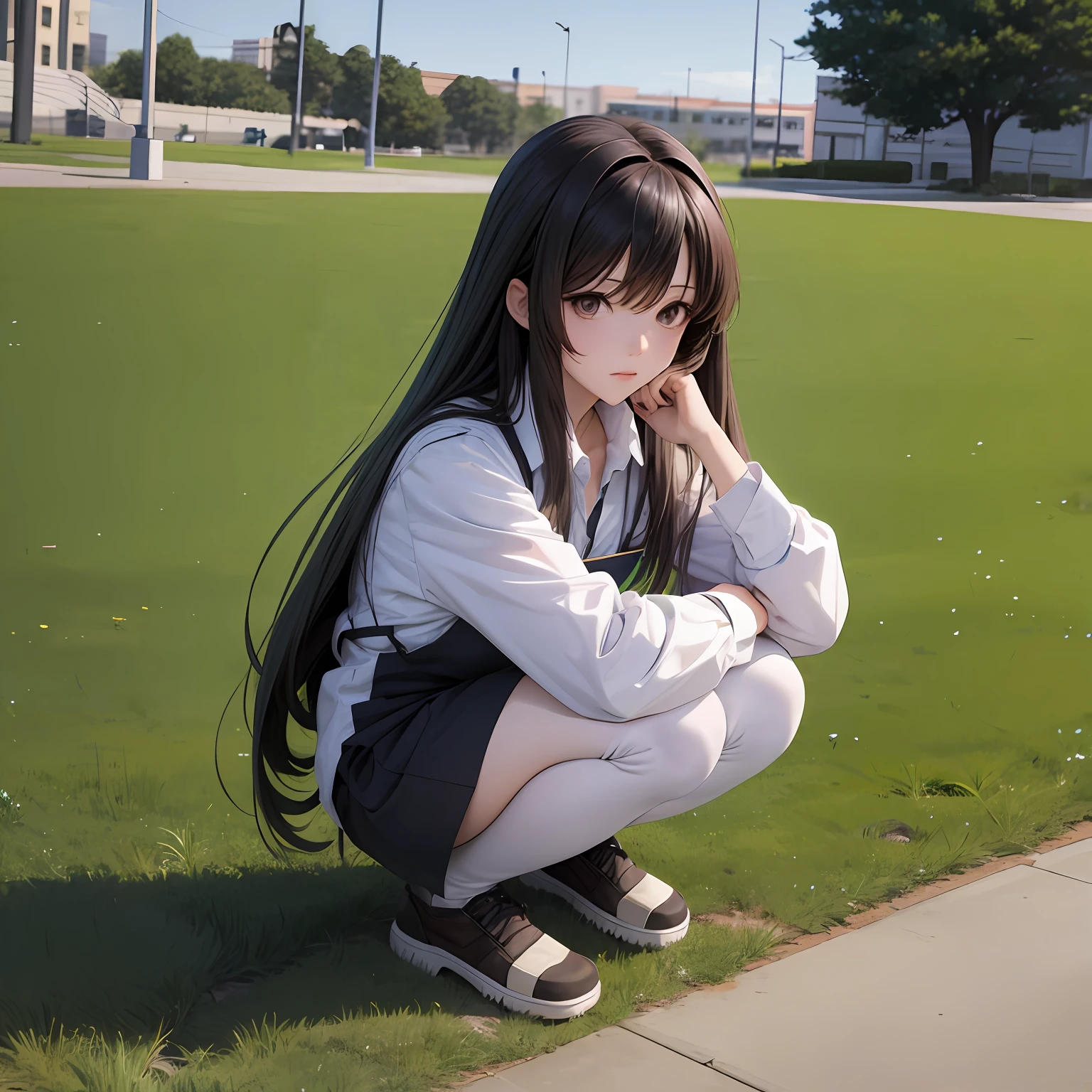 Long-haired anime girl squatting in square --auto