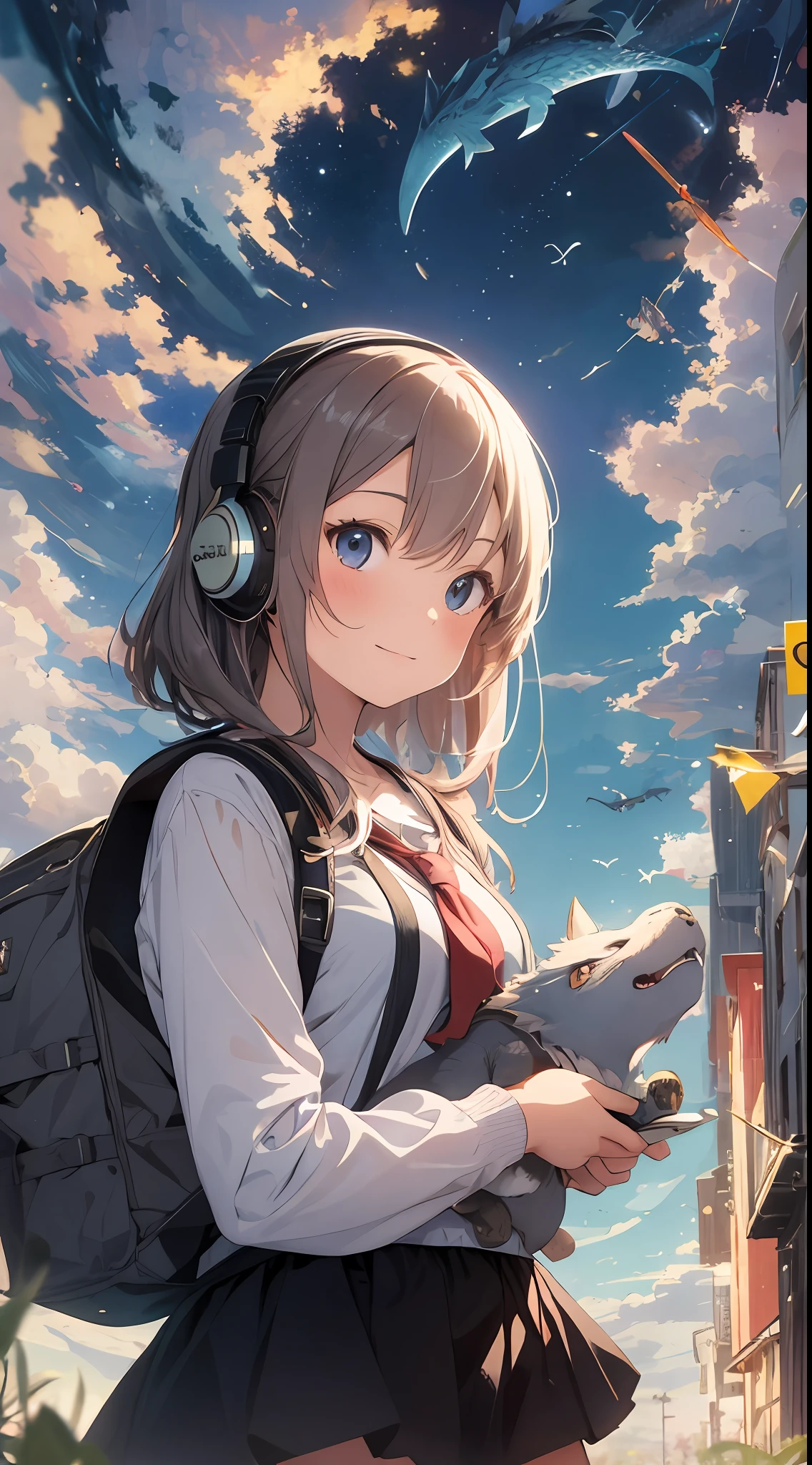 She created an amazing image of a girl who dreams of flying in the sky with her pet dragon. The images have a colorful and whimsical atmosphere, And the girl and the dragon look very happy and free. The image has、There are also details that indicate the character and hobbies of the girl, Her headphones and more, Her backpack, and her sketchbook. The image impressed the judges and readers with its originality and creativity.