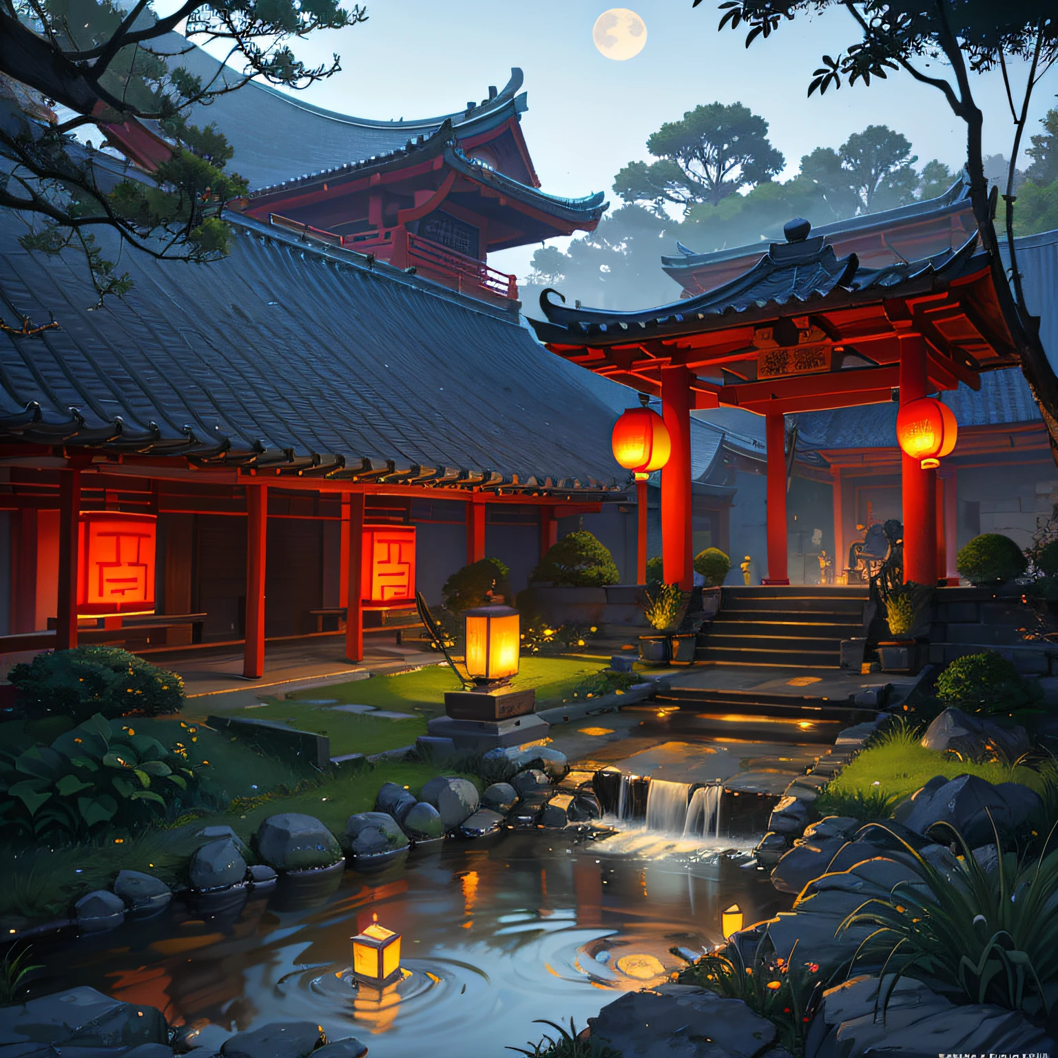 Ancient Chinese architecture, cool colors, dark night, moon, garden, bamboo, lake, stone bridge, rockery, arch, corner, tree, running water, landscape, outdoor, waterfall, grass, rock, dense fog, (Illustration: 1.0) , Epic Composition, HD Details, Masterpiece, Best Quality, (Very Detailed CG Unity 8k Wallpapers) --auto --v 6