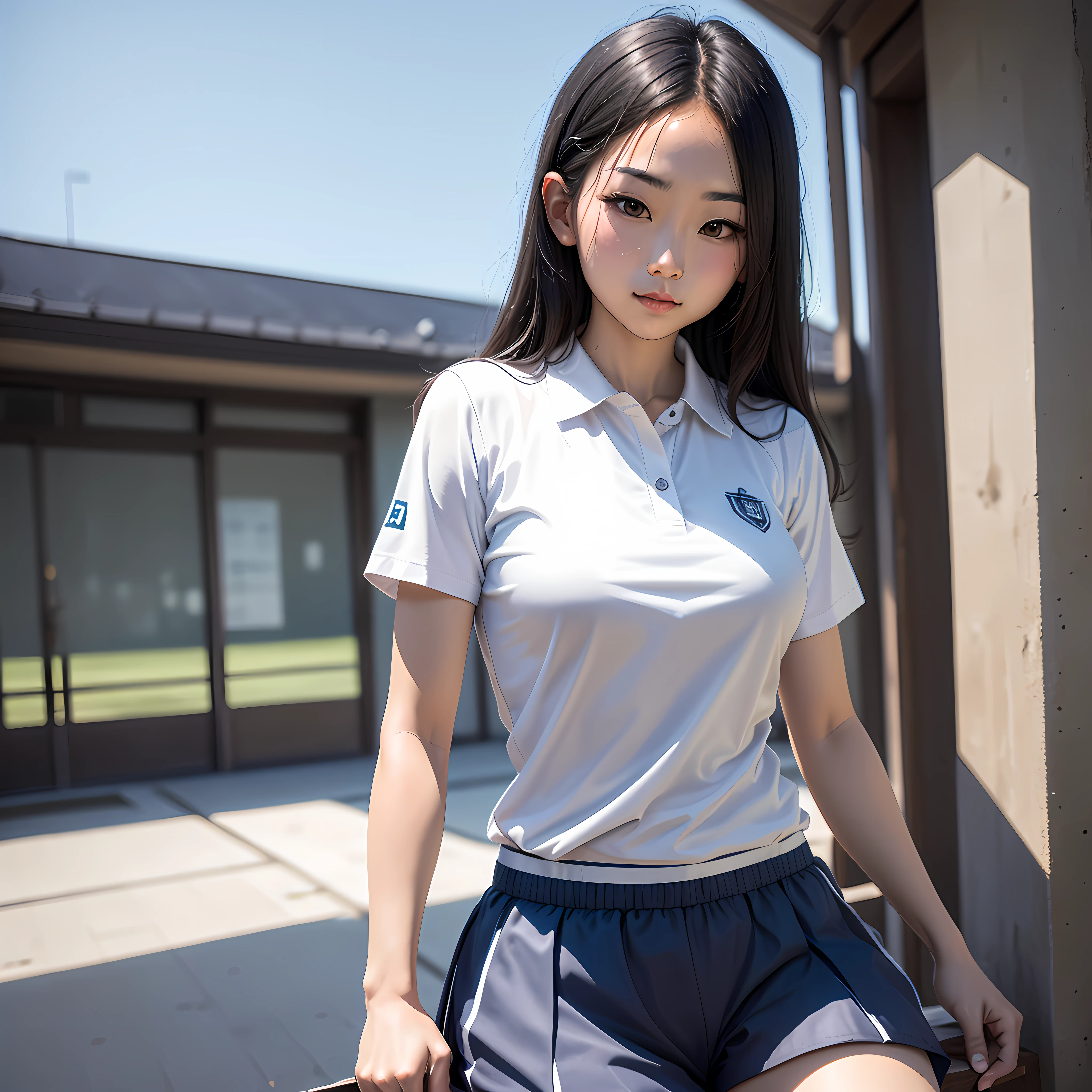 Alafeld Asian woman in white shirt and shorts poses for a photo, Wearing a polo shirt, White uniform, Short sleeves, plain uniform sky at the back, tennis wear, in school uniform, JK school uniform, modern casual clothing, Collared shirt, school uniform, Japanese school uniform, wearing shirt, wearing a Japanese school uniform, reluvy5213 --auto
