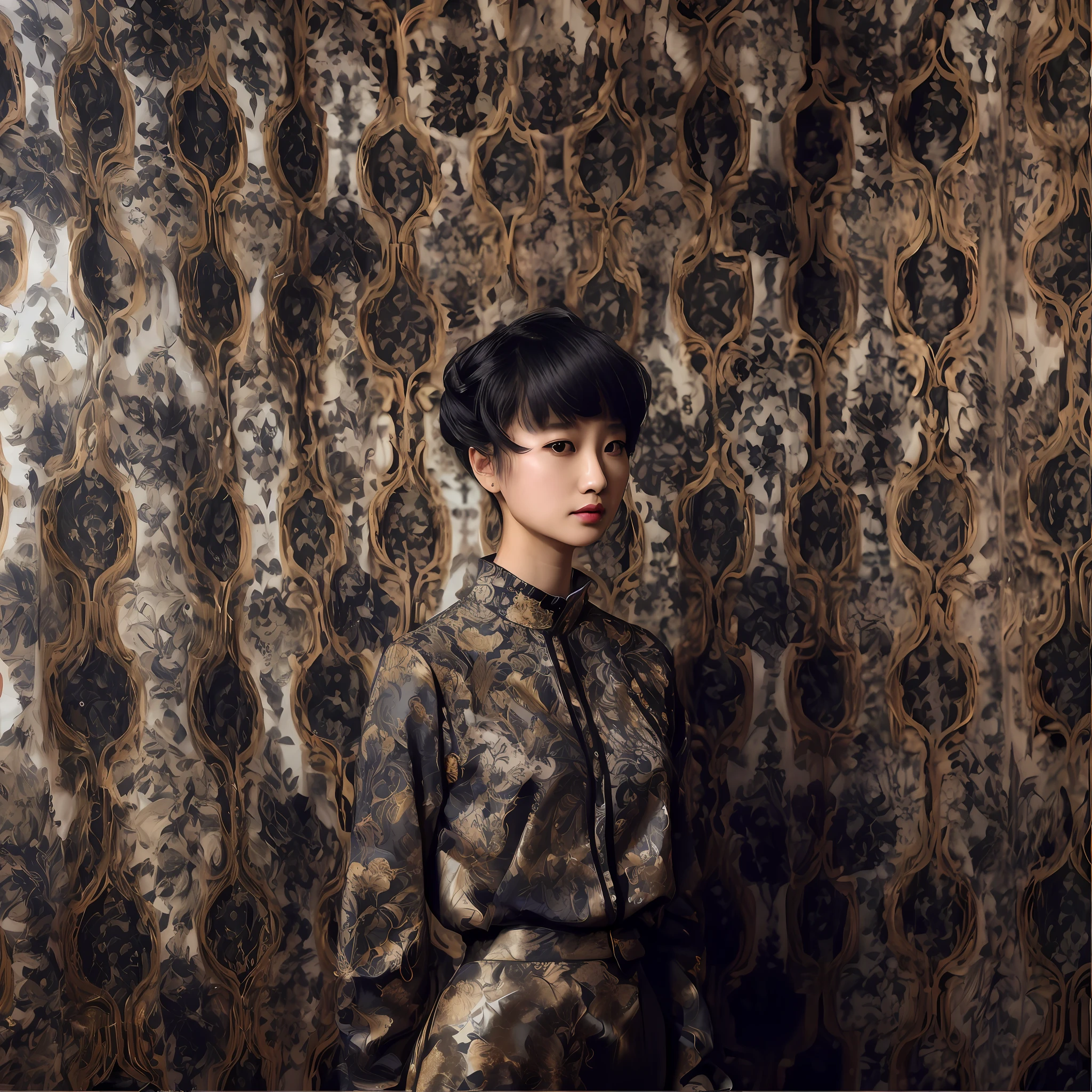 Årafed woman in dress standing in front of floral wall, Background portrait photo, sha xi, janice sung, jingna zhang, lulu chen, ruan jian, gemma chen, seseon yoon, alexandra fomina, bo xun ling, mingchen shen, baroque dress, korean artist, editorial portrait, wu liu