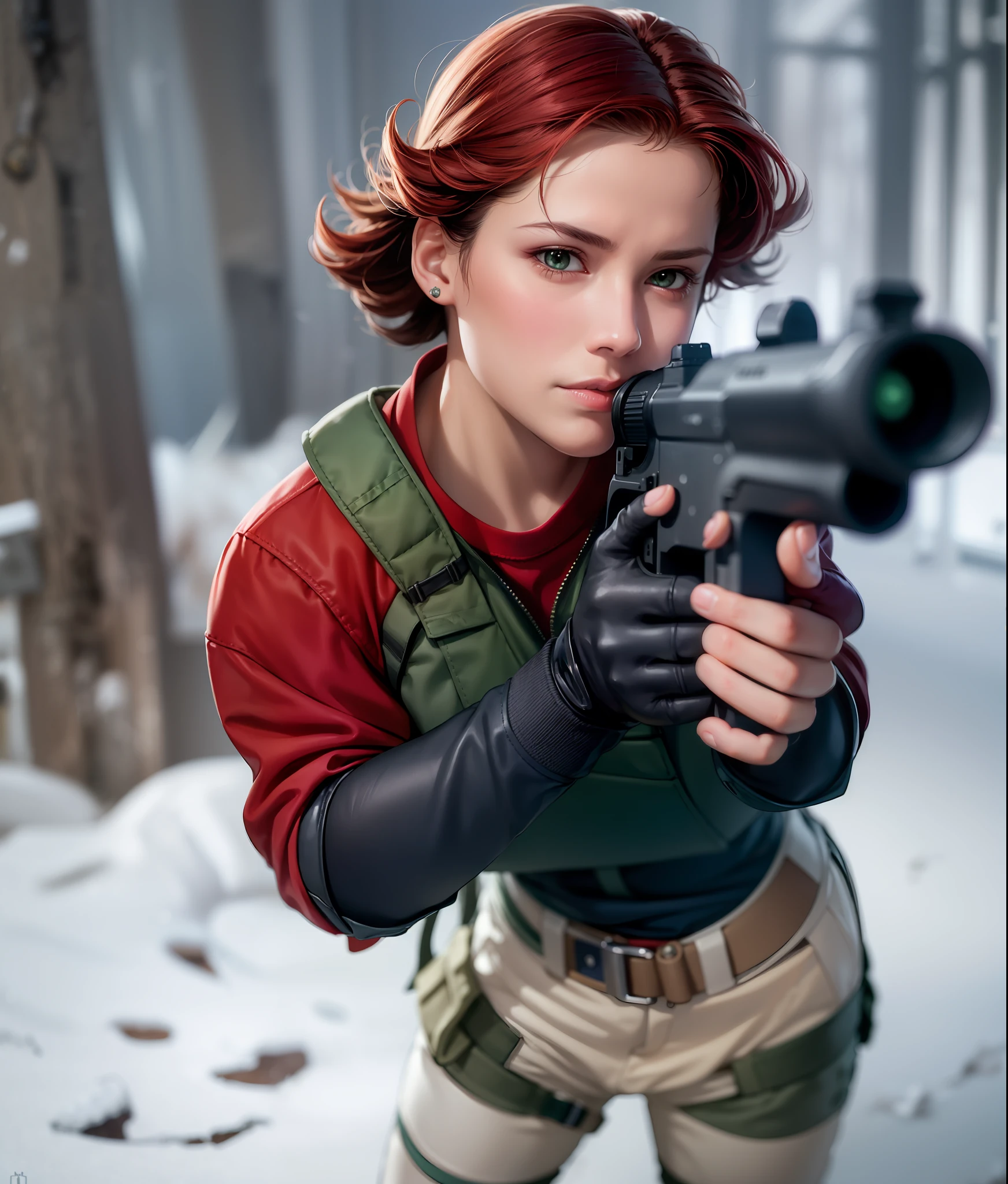 masterpiece, best quality,cgi, (realistic), extreme detail, 8k, 1girl, perfect face, extreme detail,  meryl, white fur winter clothes, white military vest, belt, green pants, fingerless gloves, boots, mountanis, snow, heavy snowstorm, fog, longs sleeves, magazine pouches, wearing backpack, red hair holding shotgun, holding weapon, Aiming at viewer wears a red mech