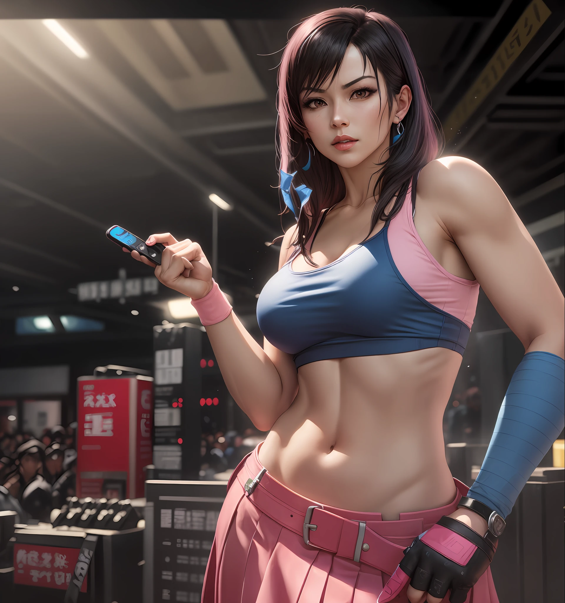 there is a woman in a pink top and blue skirt holding a remote, tifa, as a character in tekken, tifa lockhart, tifa lockheart, glamorous tifa lockheart, rings asuka iwakura station game, fighter pose, portrait of tifa lockhart, yayoi kasuma, fighting pose, style game square enix