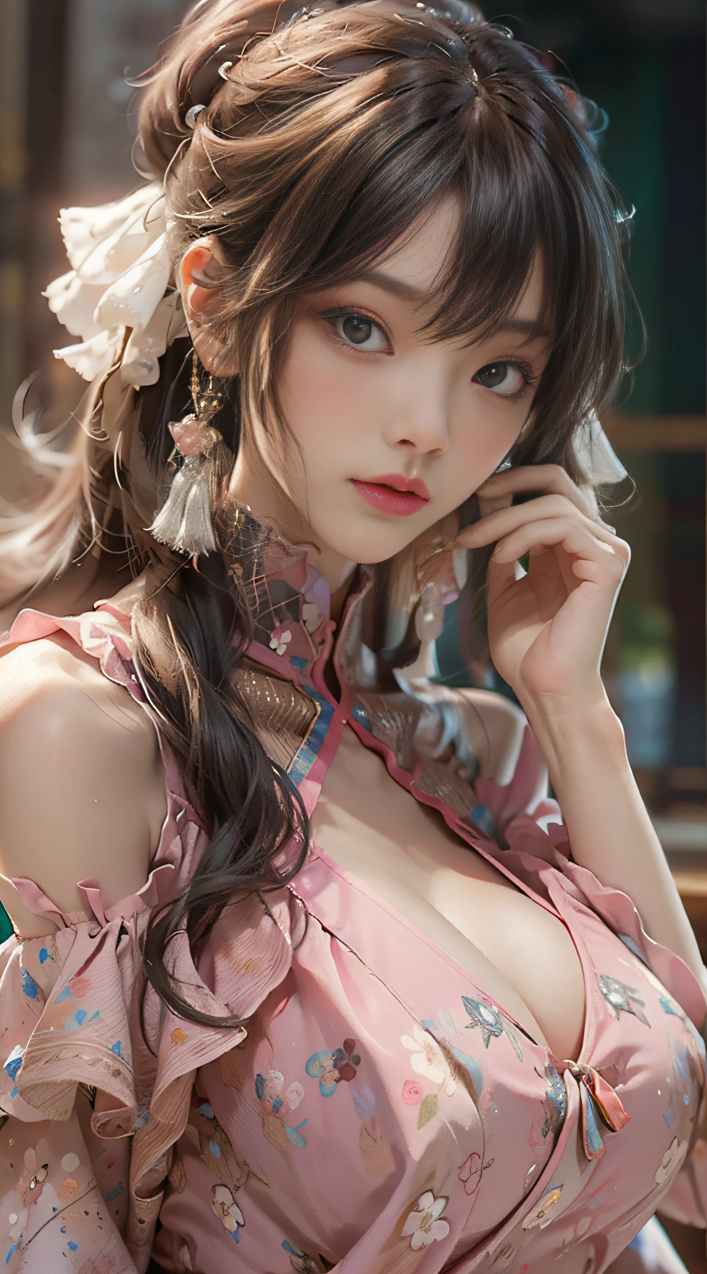 ((best qualtiy)), ((tmasterpiece)), (Detail:1.4), 3D, Beautiful cyberpunk female images,hdr(HighDynamicRange),Ray traching,NVIDIA RTX,Hyper-Resolution,illusory 5,sub surface scattering,PBR textures,post-proces,Anisotropy Filtering,depth of fields,maximum definition and sharpness,Many-Layer Textures,Albedo e mapas Speculares,Surface Coloring,Mitsu-Accurate simulation of material interactions,perfectly proportioned,rendering by octane,Two-colored light,largeaperture,Low ISO,White balance,Rule three points、8K raw data、beautiful bright pupils,off-the-shoulder clothes,Fine pupils,Delicate face and eyes,long eyelasher,Blushlush,Delicate and fluffy hair,pink lip,Pure,cute big breasts,Sweet girl,Artistic sense,Casual wear,Advancedsense,butterflys,Cherry blossom petal,Beautiful hair accessories,Long hair and waist,Hair fluttering in the wind