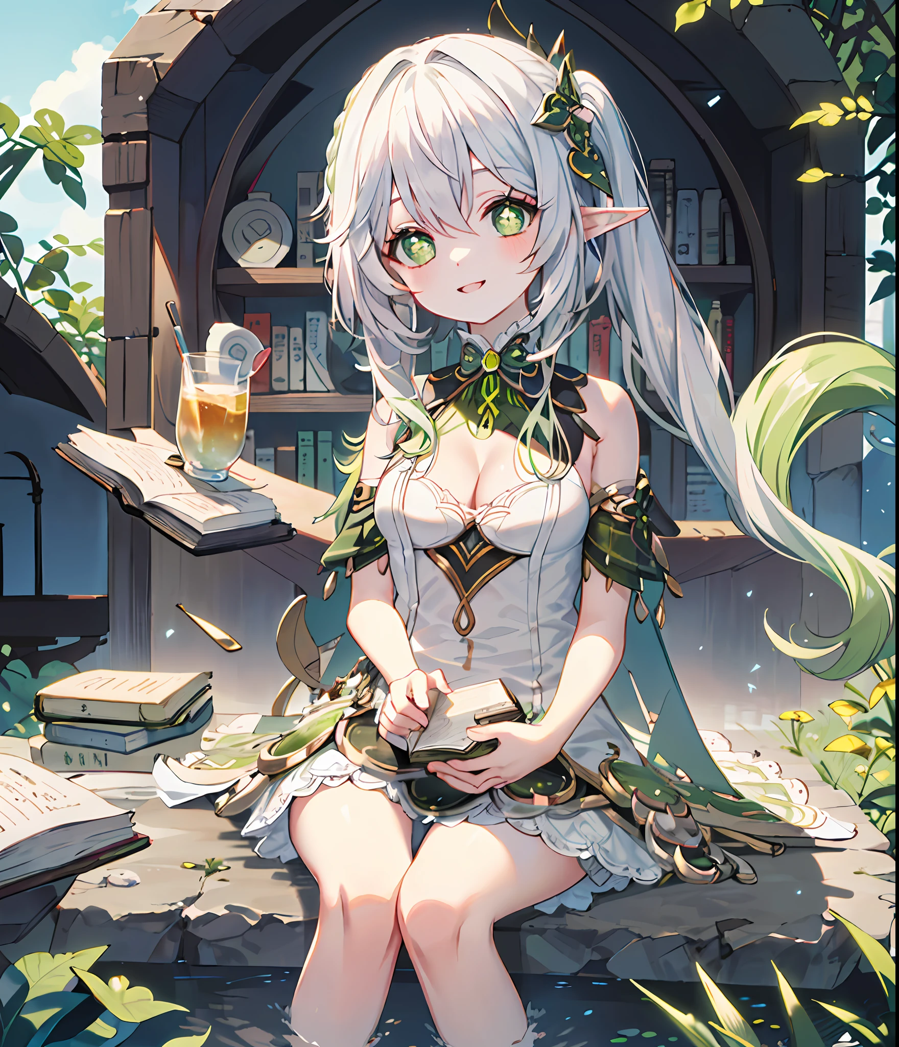 Masterpiece, Best quality, Solo,(1girll,Nahida_Genshin,nahida_genshin,ssmile,Sit on a cliff,Background forest,cute feet,The clothes are meticulous,The skirt is meticulous, cross-shaped pupils),Green eyes,white color hair,ears of elf,(small boobs,white dresses)At night, bookshelves, Books,Lori huge breasts cleavage,children's:1.2,Green effect,dynamic angle,tmasterpiece,best qualtiy,highly detailed eye,highly-detailed face,full bodyesbian,looking at viewert, , Perfect light and shadow,hair adornments,