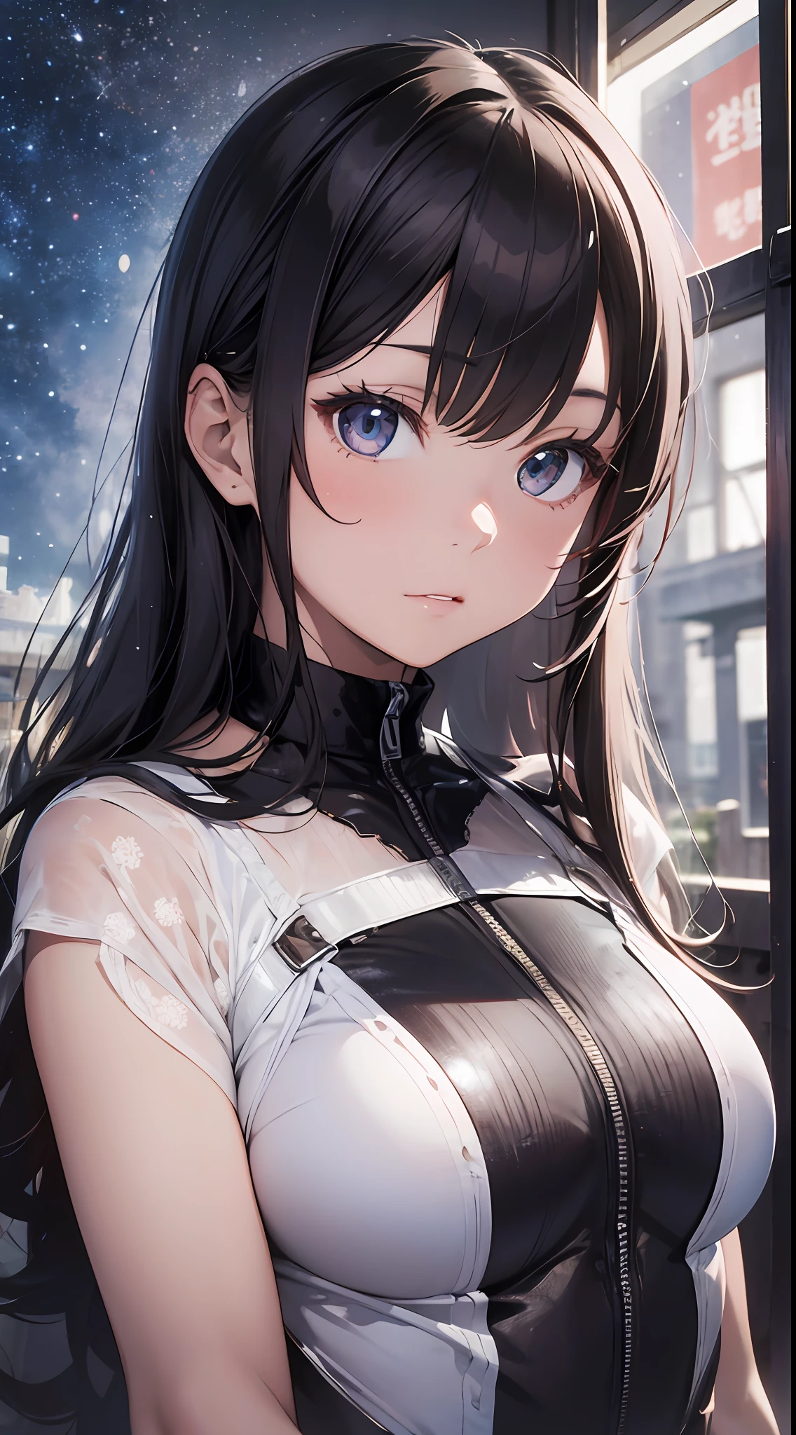 Anime girl with long black hair and blue eyes standing in front of a ...
