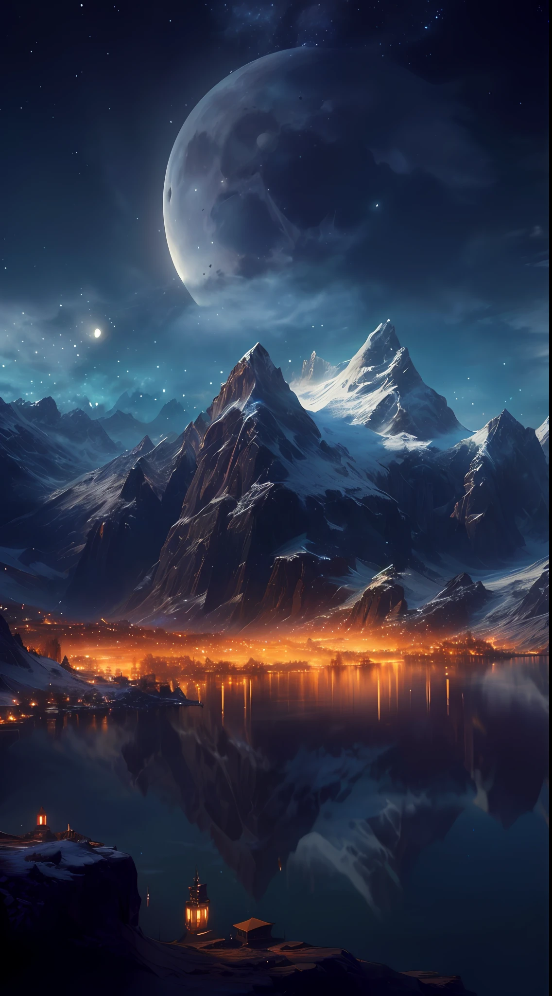 mountains and a lake with a moon in the sky, 4k highly detailed digital art, 4 k hd wallpaper very detailed, impressive fantasy landscape, sci-fi fantasy desktop wallpaper, unreal engine 4k wallpaper, 4k detailed digital art, sci-fi fantasy wallpaper, epic dreamlike fantasy landscape, 4k hd matte digital painting, 8k stunning artwork