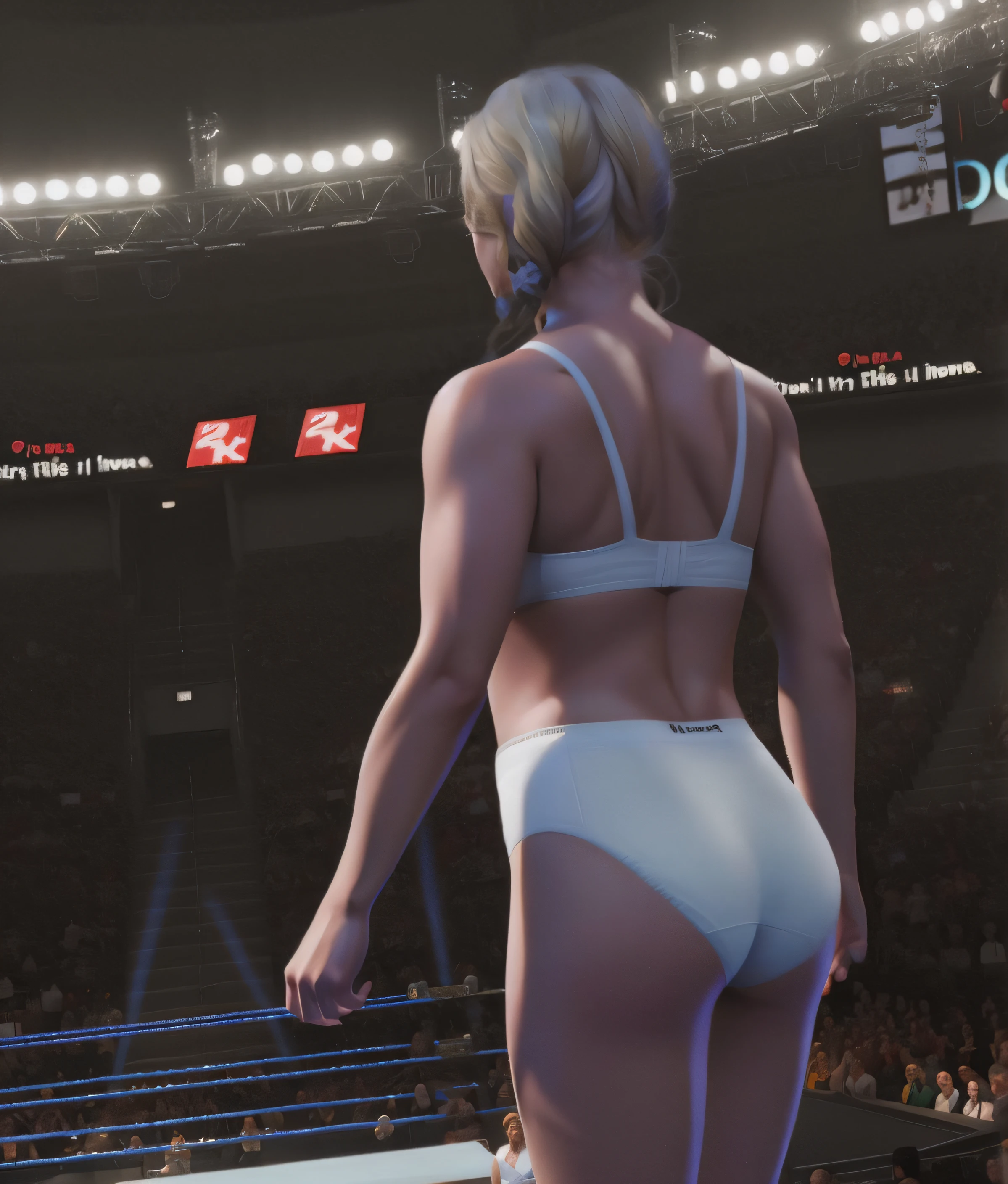 ((masterpiece, best quality)), buff blonde Norwegian female wrestler in white bra and white granny panties, in an arena, photo realistic, intricate details