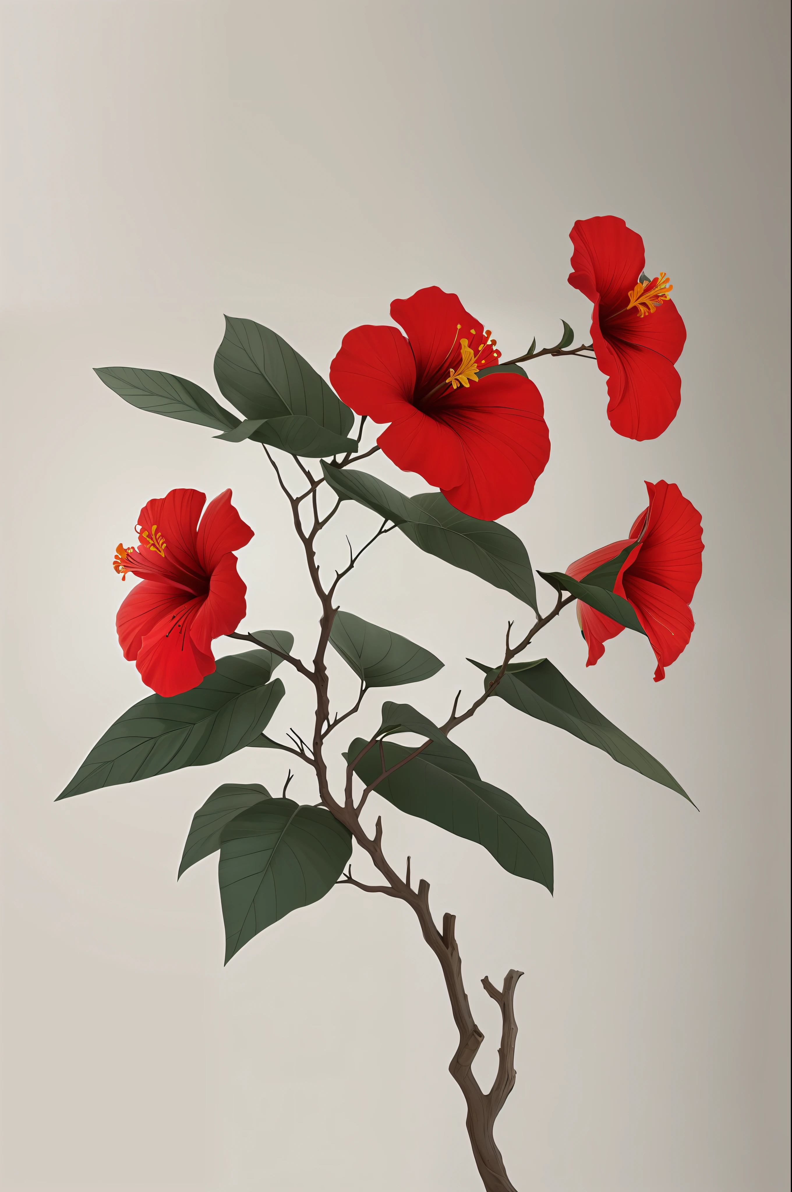 hibiscus flower blooming on a gnarled branch against a grey background, simple background, in the style of light orange and light beige, minimalist images, photography installations, paleocore, green and crimson, hyper-realistic, poetic intimacy