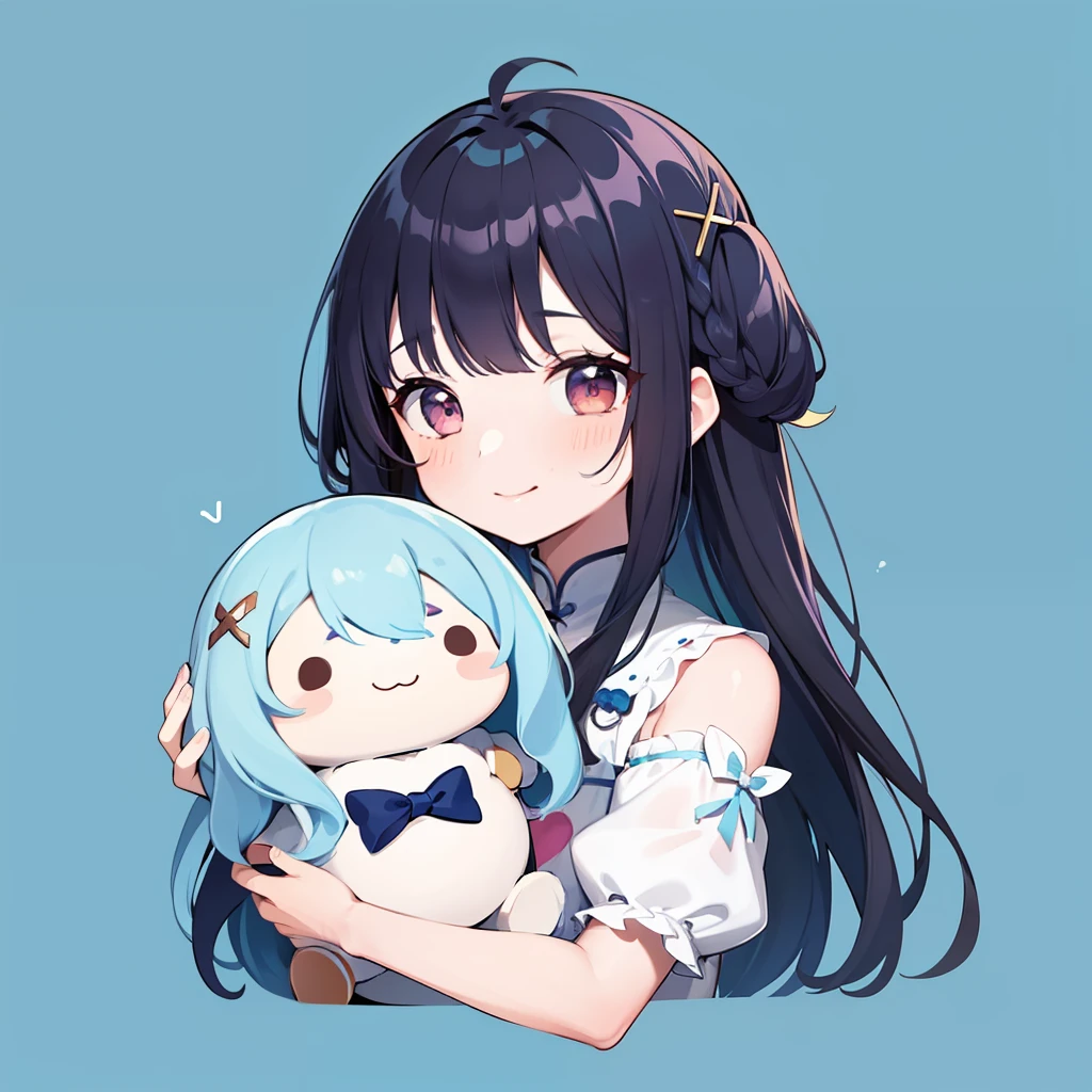 超A high resolution, nffsw, Best aesthetic, Best Quality, masutepiece, Flat Avatar, Perfect litthing、(colourfull、vivd colour: 1.4)、a Dog、a couple,Both have iridescent hair, They are in love and shy.Girl with shining eyes with cotton candy, A smile, hair adornments, Chibi, simple background, blue hairs, 耳环, X Hair Ornament, jewely, side locks, large oval eyes,Flat Avatar,  A smile, head shot, simple background, A dark-haired,