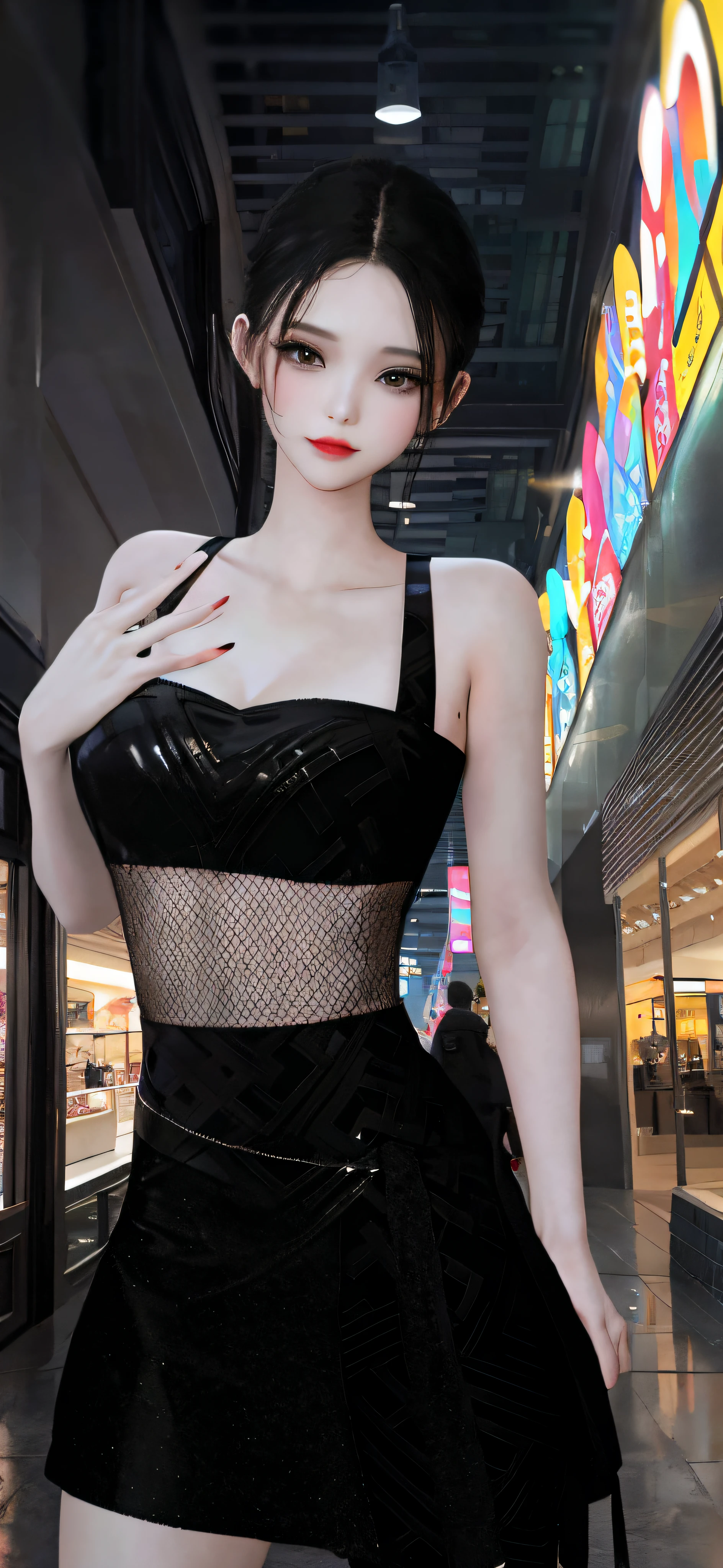 there is a woman in a short skirt posing for a picture, In the city, mall goth, Elegant Pose, Shiny black dress, in mall, high resolution, Translucent dress,Pouting lips