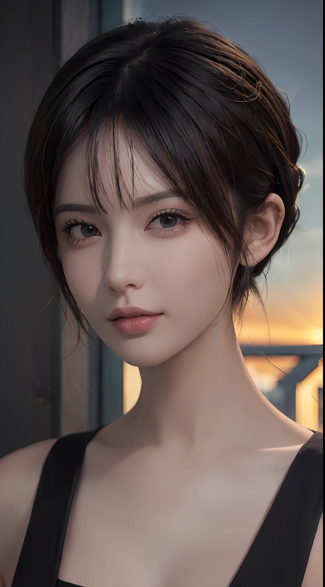 (masterpiece:1.3), (8k, photorealistic, RAW photo, best quality: 1.4), (1 girl), pretty face, (realistic face), (black hair, short hair:1.3), beautiful hairstyle, realistic eyes, detailed fine eyes, (realistic skin), beautiful skin, (breasted top), absurd, attractive, super detailed resolution, surreal golden ratio, very detailed, upper body