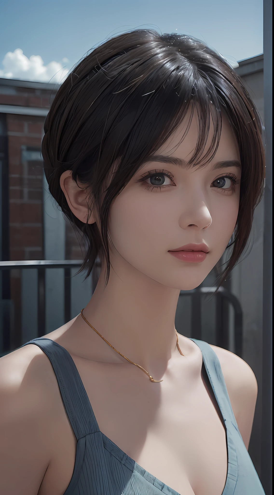 (masterpiece:1.3), (8k, photorealistic, RAW photo, best quality: 1.4), (1 girl), pretty face, (realistic face), (black hair, short hair:1.3), beautiful hairstyle, realistic eyes, detailed fine eyes, (realistic skin), beautiful skin, (breasted top), absurd, attractive, super detailed resolution, surreal golden ratio, very detailed, upper body