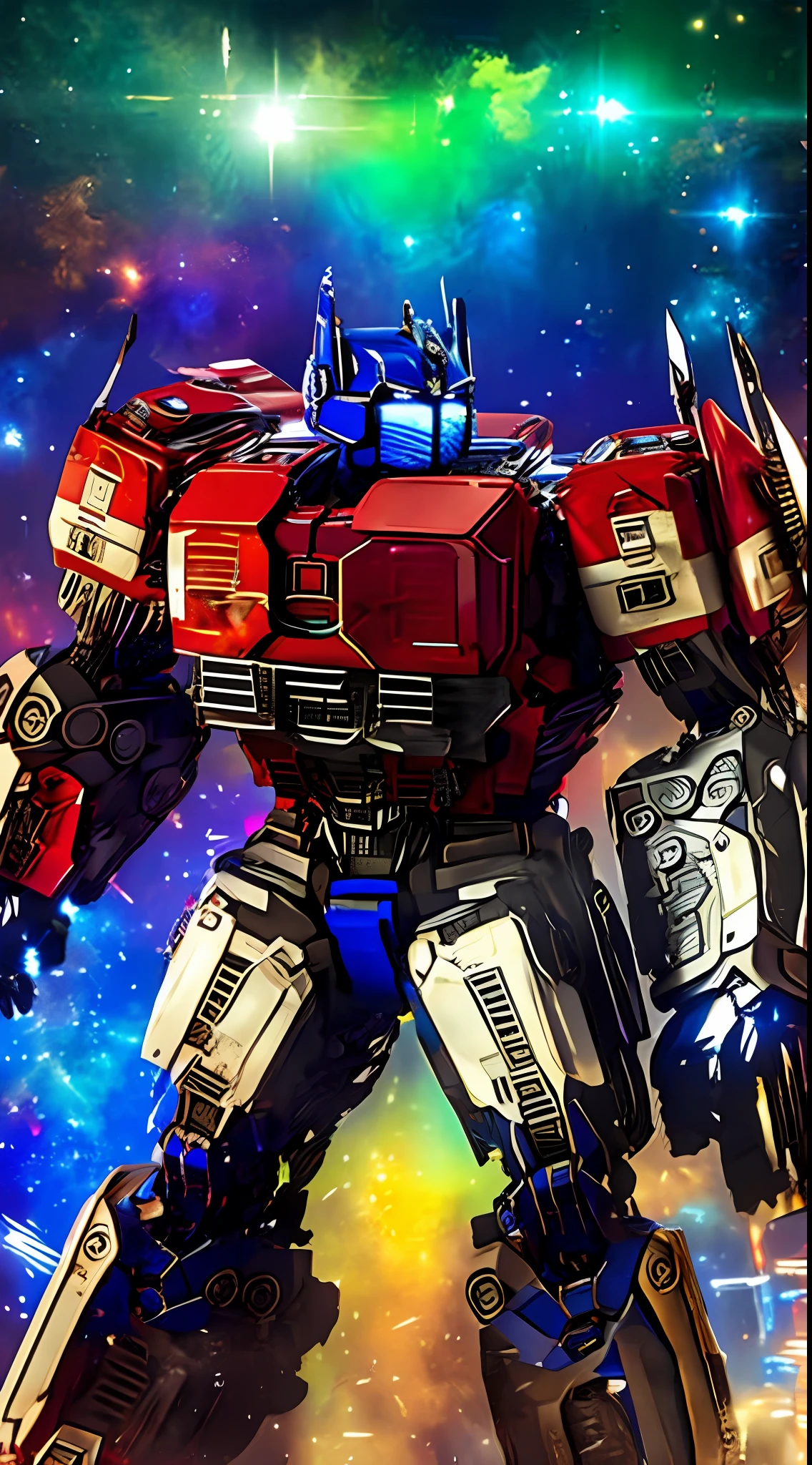 Optimus prime's full body: a hand-drawn texture masterpiece with intricate details and realistic depictions. Full body photo features a tranformer robot with glowing blue eyes, showing the essence of a robot. Scene enhanced with mesmerizing volumetric lighting, best quality assurance, most realistic photo, tranformer logo on shoulder optimus prime, fantasy prime, old-fashioned, super quality background, fiction, (megatron background:1.2)